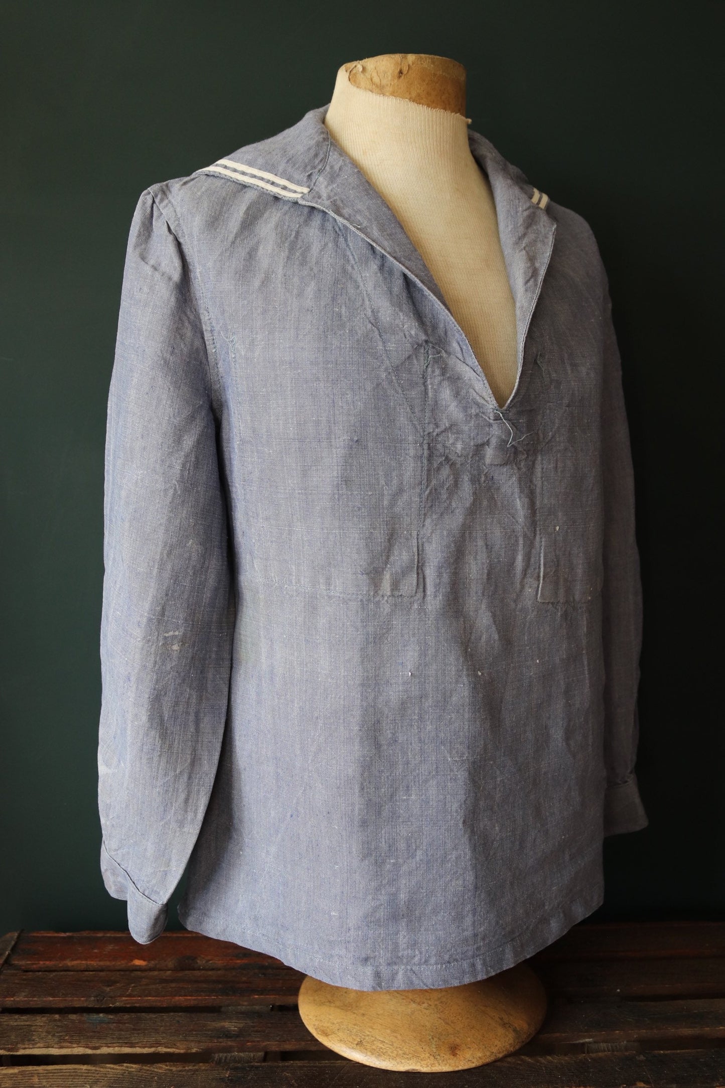 Vintage French linen shirt Marine Nationale Navy 1960s naval crackerjack bib top jumper indigo 43” chest military workwear work sailor