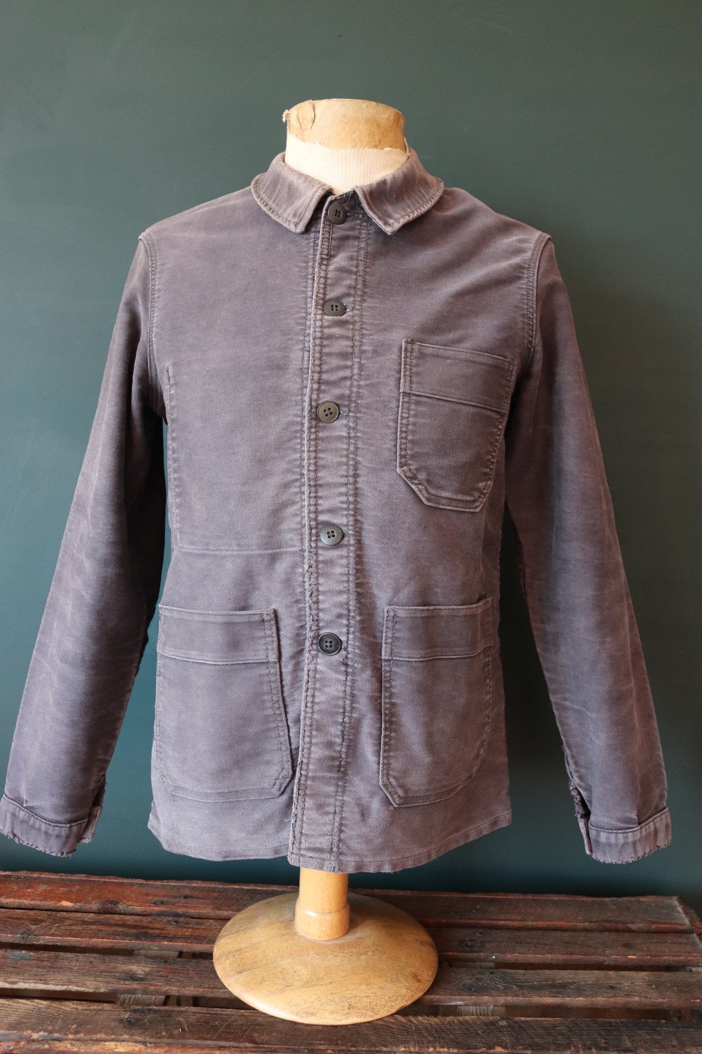 Vintage French chore jacket 1950s workwear Le Mont St Michel black moleskin work faded 39” chest