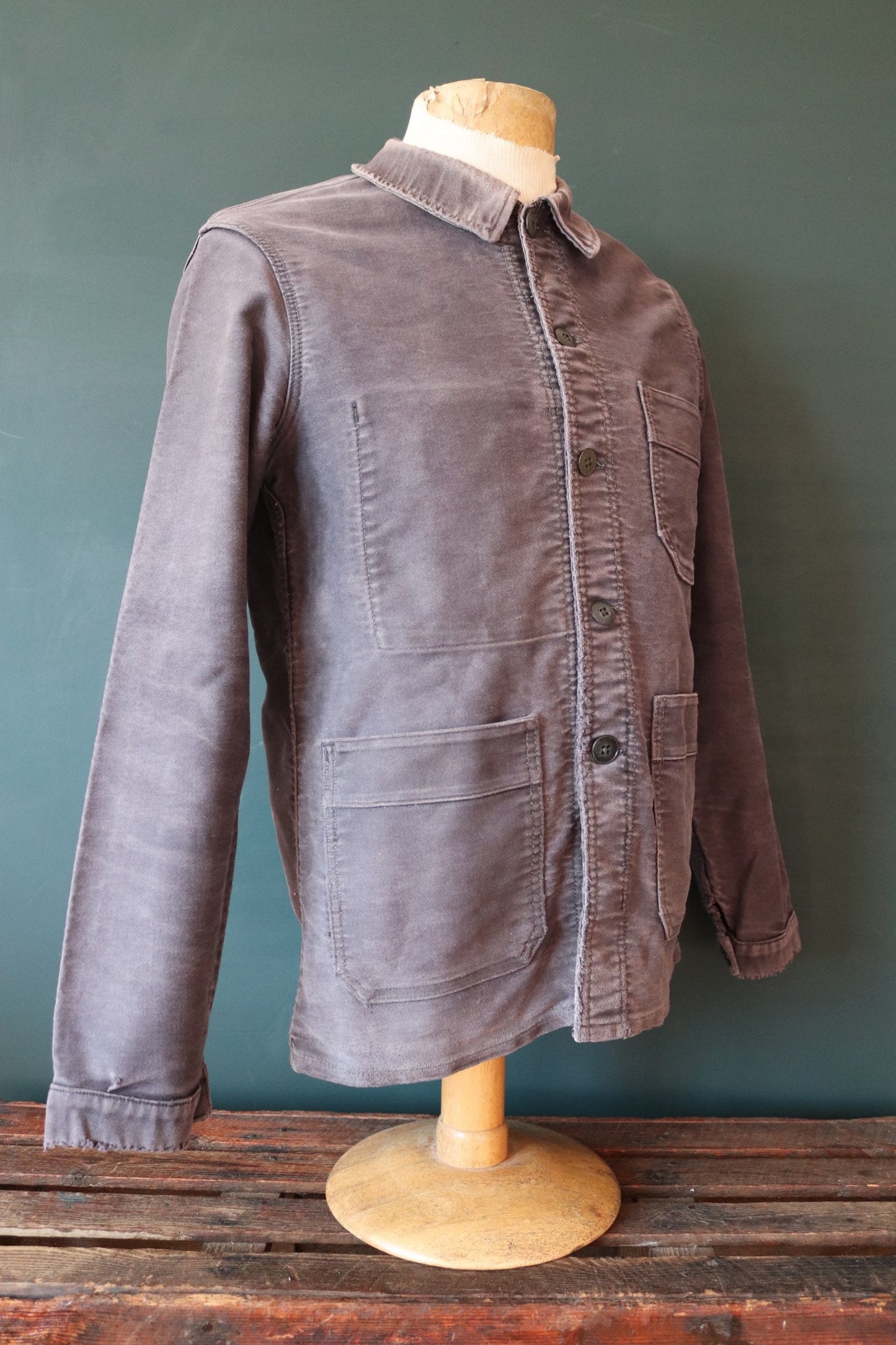 Vintage French chore jacket 1950s workwear Le Mont St Michel black moleskin work faded 39” chest