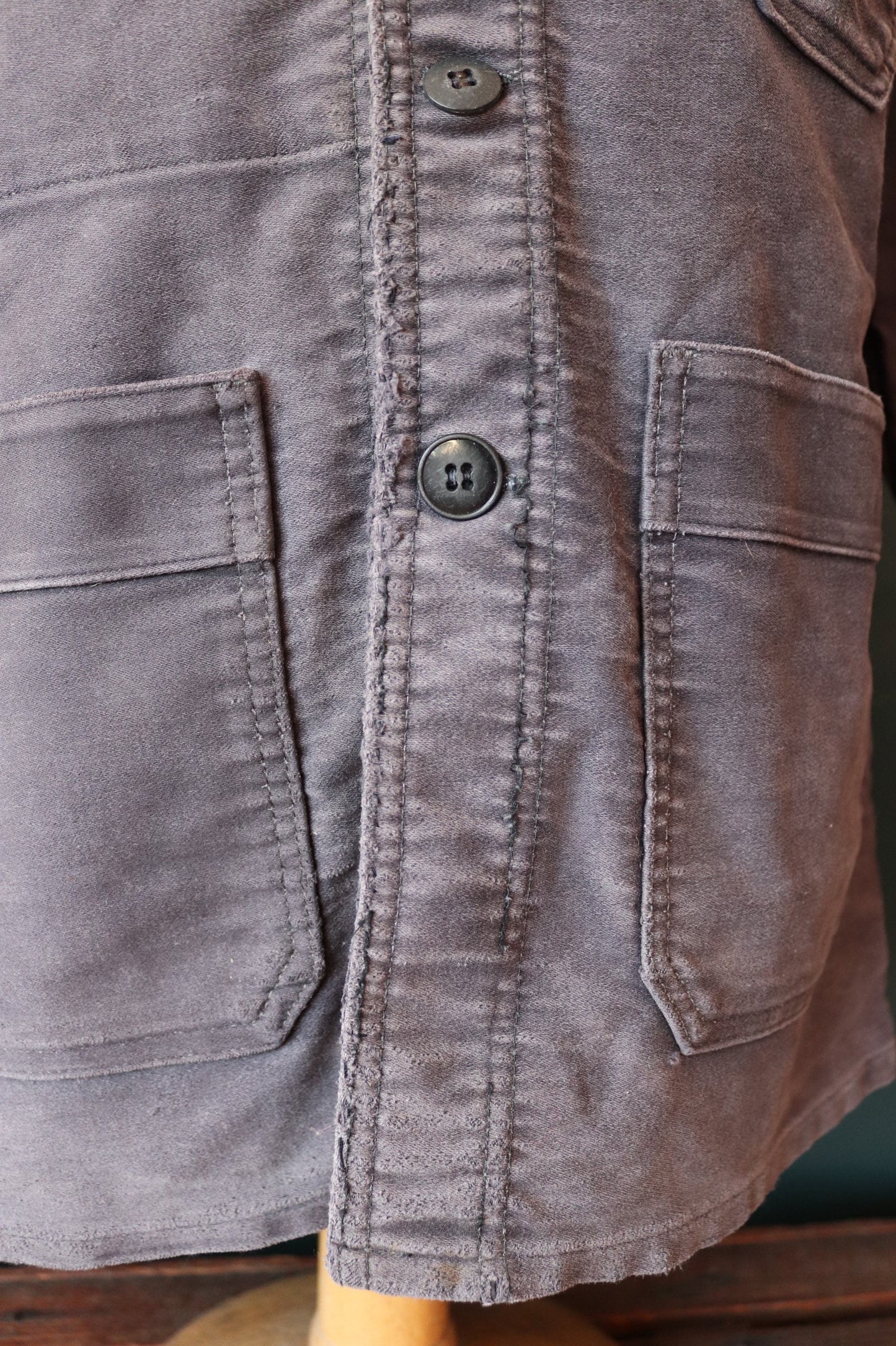 Vintage French chore jacket 1950s workwear Le Mont St Michel black moleskin work faded 39” chest