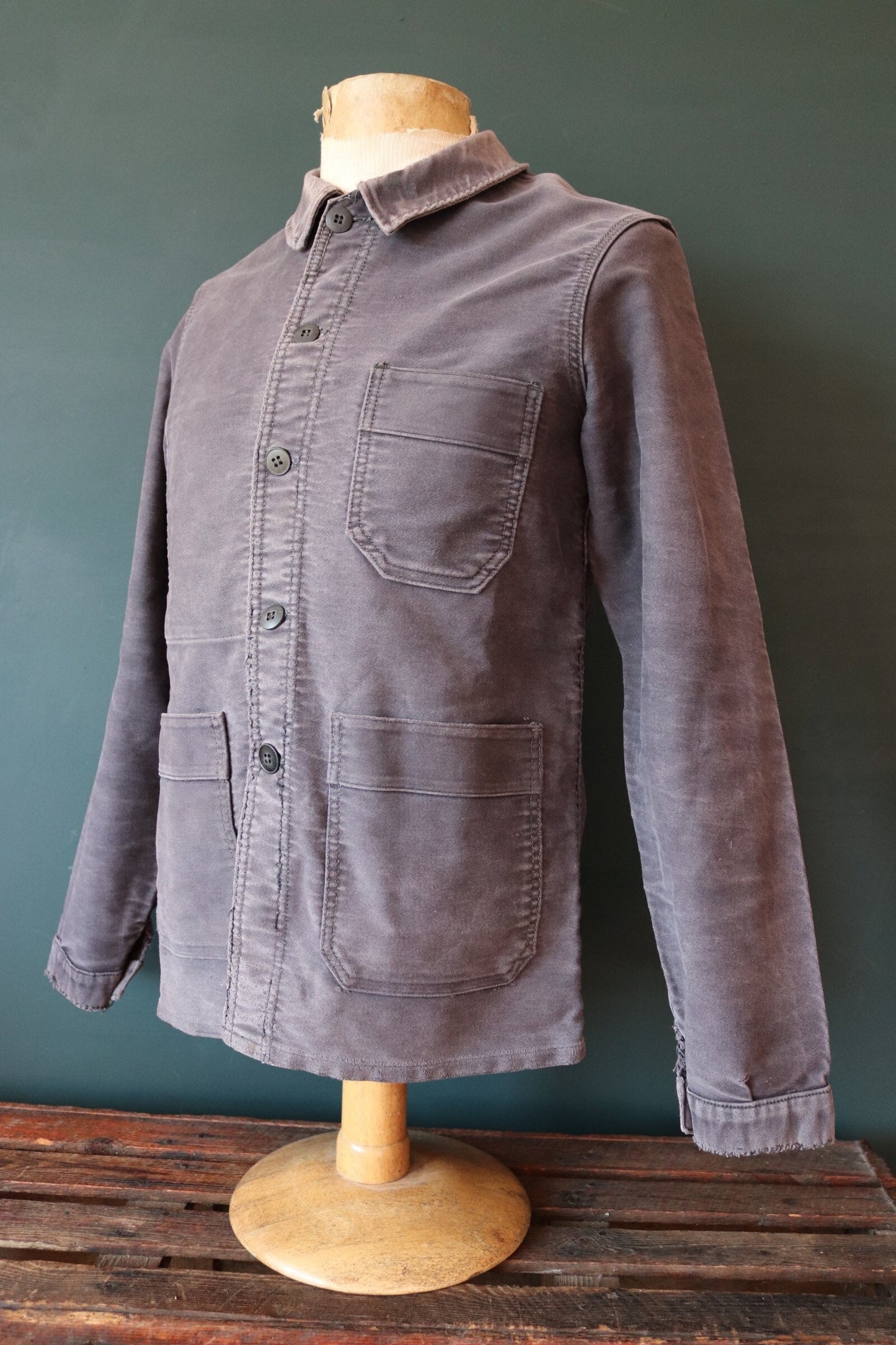 Vintage French chore jacket 1950s workwear Le Mont St Michel black moleskin work faded 39” chest