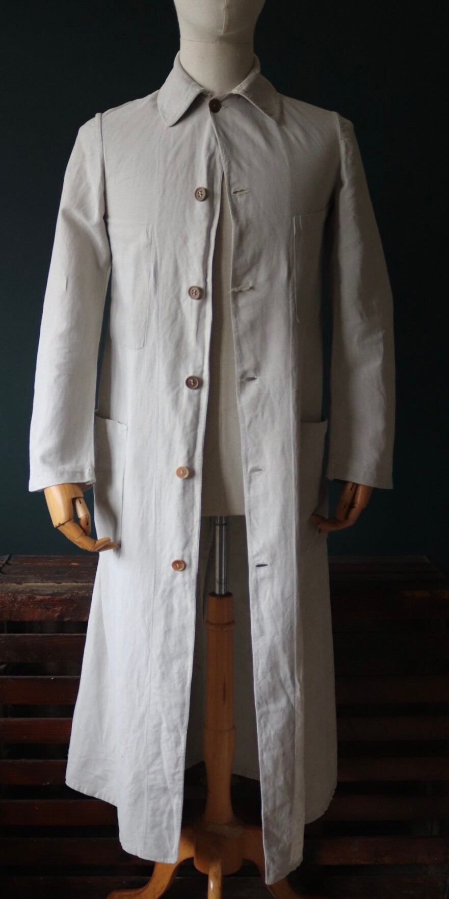 Vintage antique 1920s 1930s French workwear jacket overalls linen duster work chore coat 36” chest xs