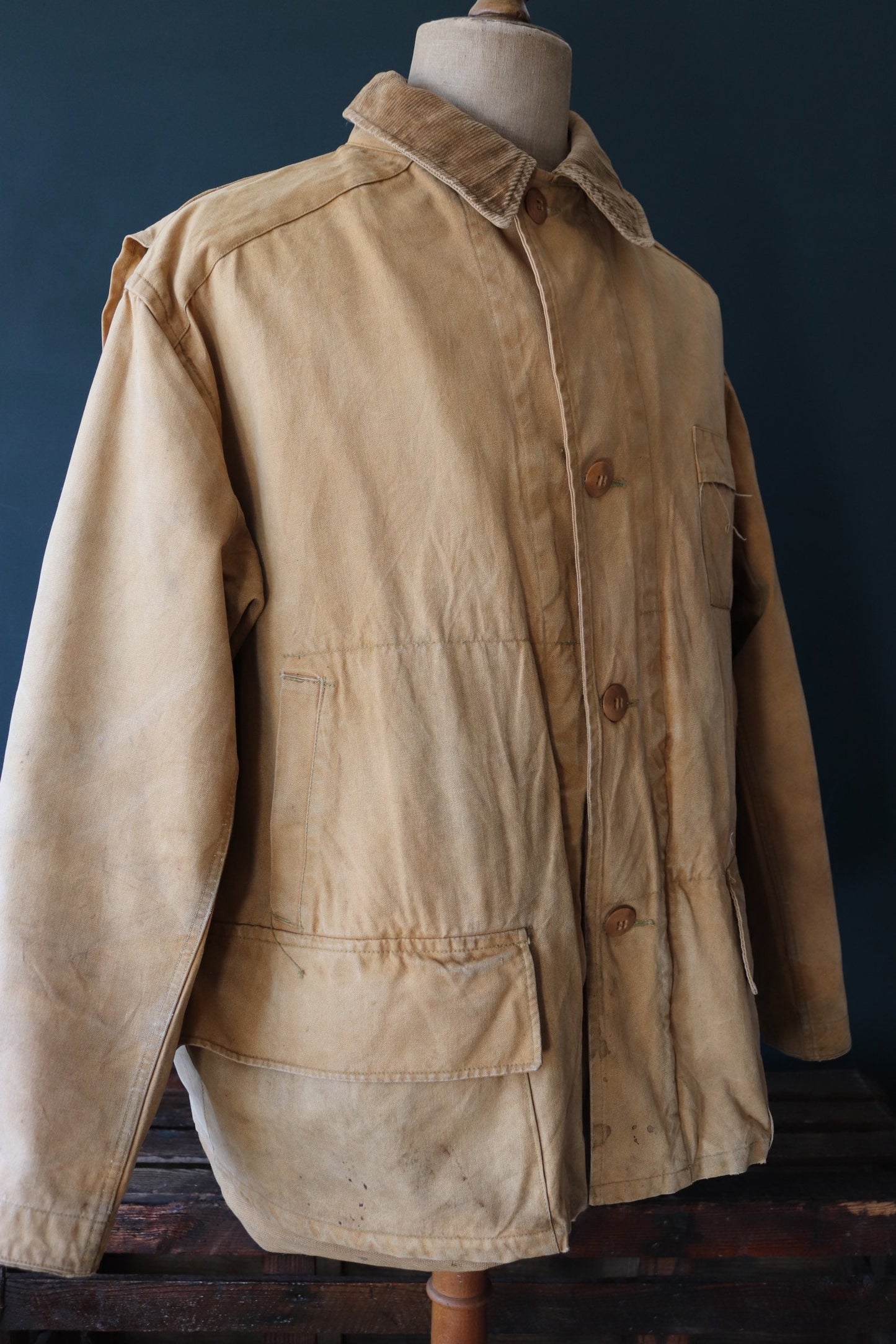 Vintage 1940s 40s 1950s 50s Duxbak duck cotton canvas tin cloth hunting shooting jacket 57” chest workwear work chore