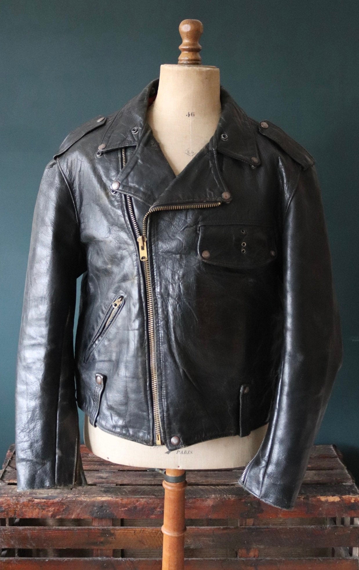 Vintage 1950s 50s leather jacket Buco PJ27 PJ-27 black steerhide biker police 46” chest biker motorcycle