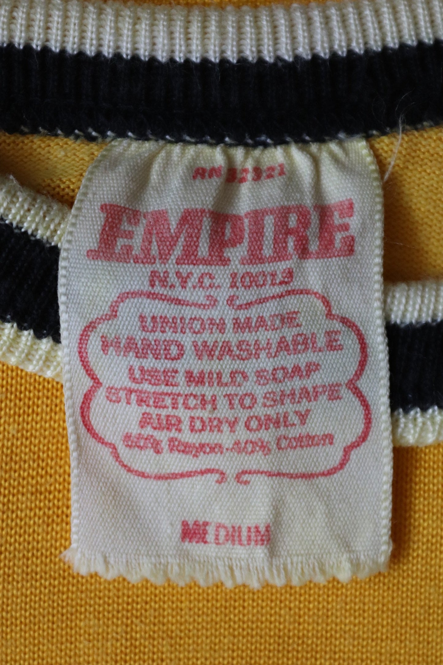 Vintage 1960s 60s 1970s 70s Empire American yellow 60/40 rayon cotton durene t shirt sports sportswear ringer 36” chest baseball Union Made