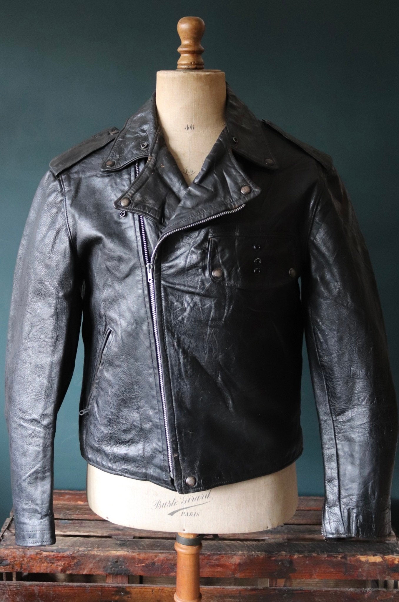 Vintage 1950s 50s 1960s 60s leather jacket Buco PJ27 PJ-27 black steerhide biker police 46” chest motorcycle