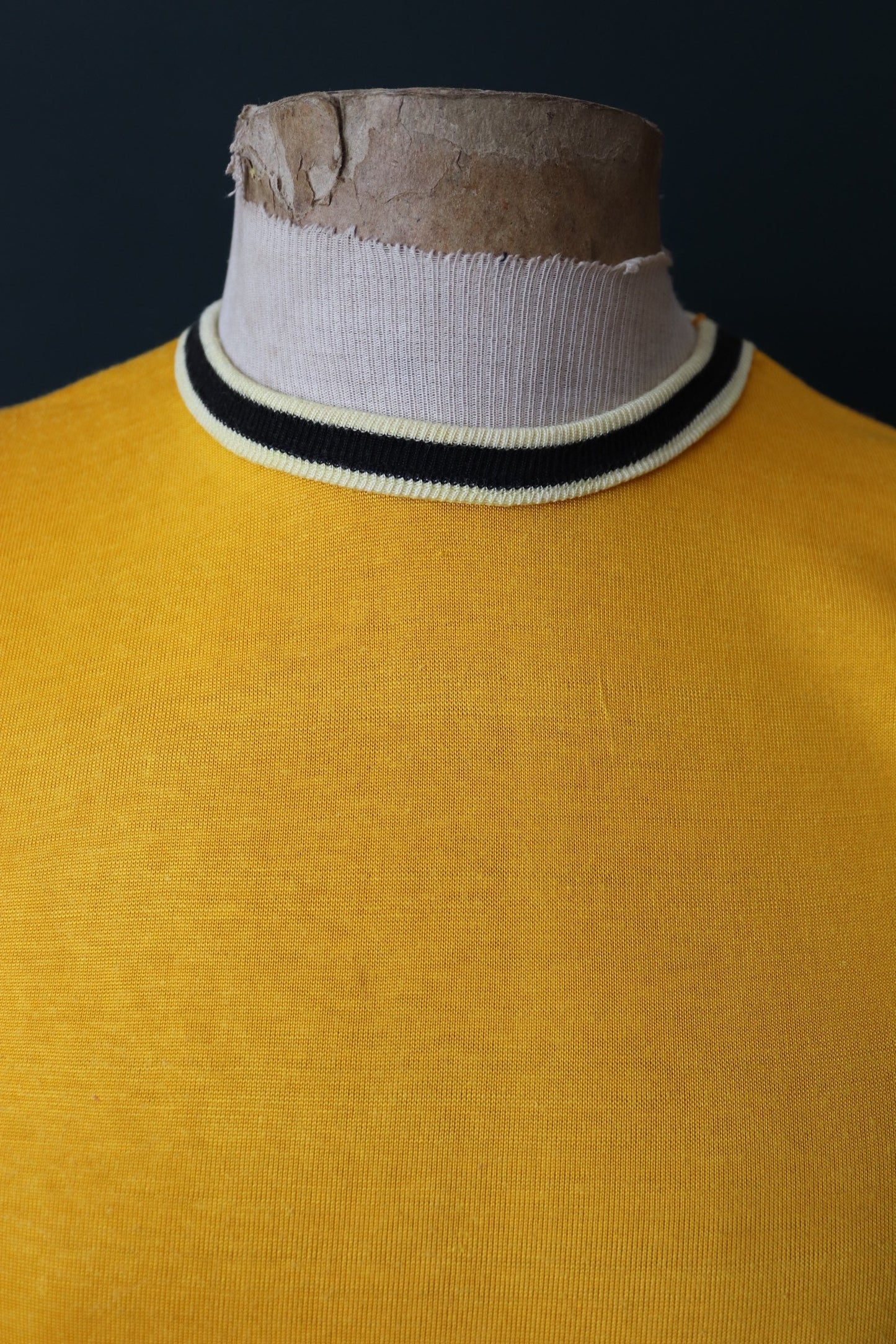 Vintage 1960s 60s 1970s 70s Empire American yellow 60/40 rayon cotton durene t shirt sports sportswear ringer 36” chest baseball Union Made