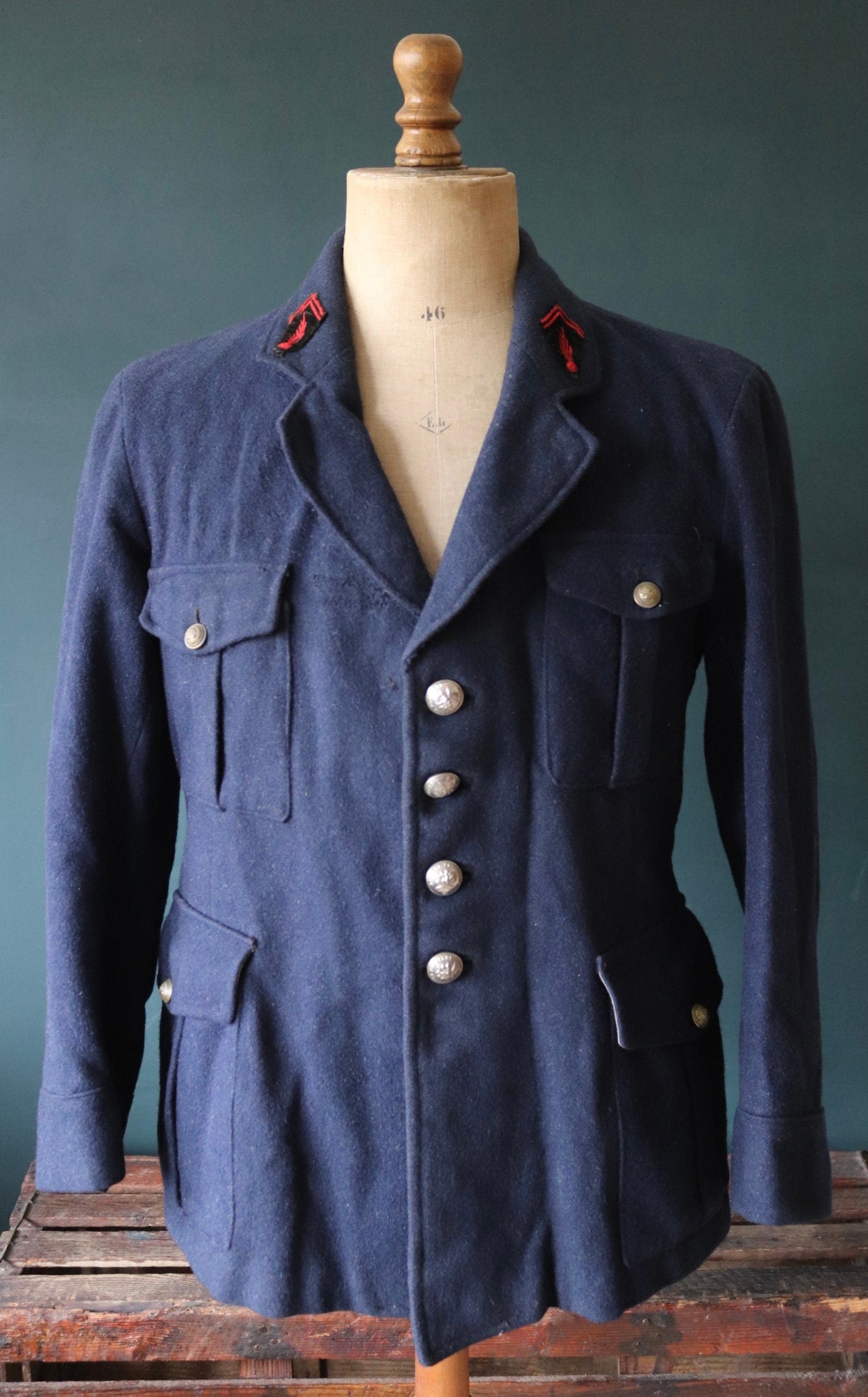 Vintage French workwear jacket 1930s Belle Jardiniere indigo blue wool fireman’s jacket sapeurs pompiers 41” chest