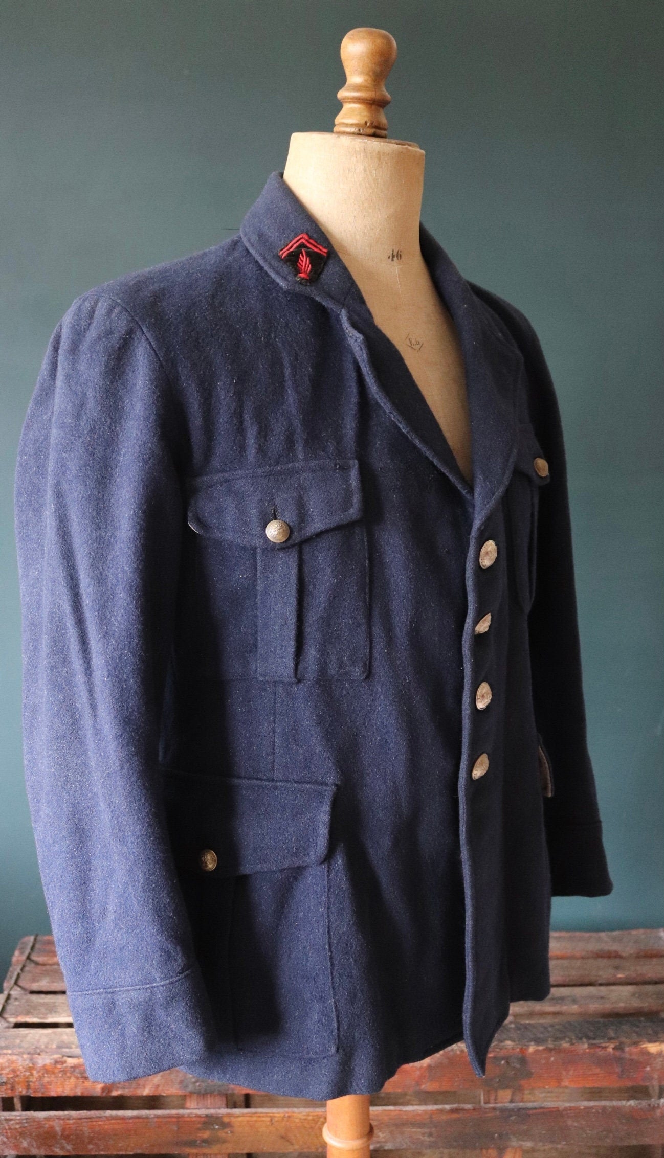 Vintage French workwear jacket 1930s Belle Jardiniere indigo blue wool fireman’s jacket sapeurs pompiers 41” chest