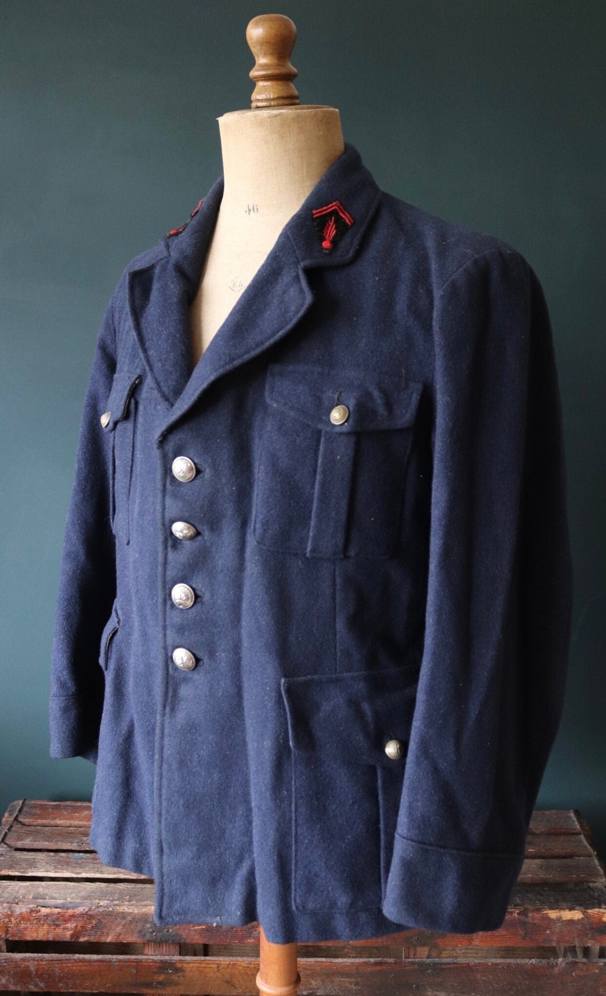 Vintage French workwear jacket 1930s Belle Jardiniere indigo blue wool fireman’s jacket sapeurs pompiers 41” chest