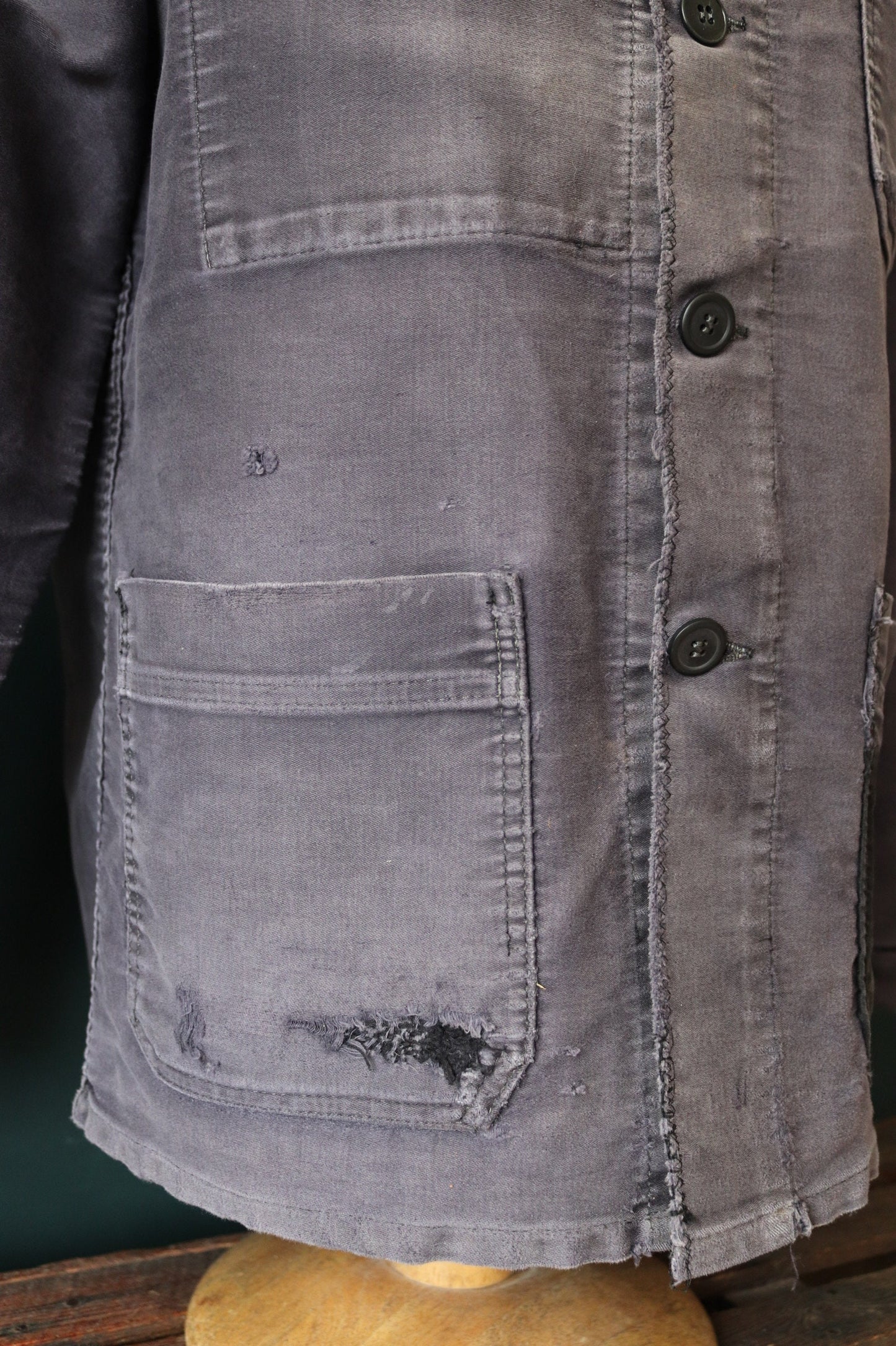 Vintage French black moleskin chore jacket 1950s workwear work faded repaired darned patched 43” chest