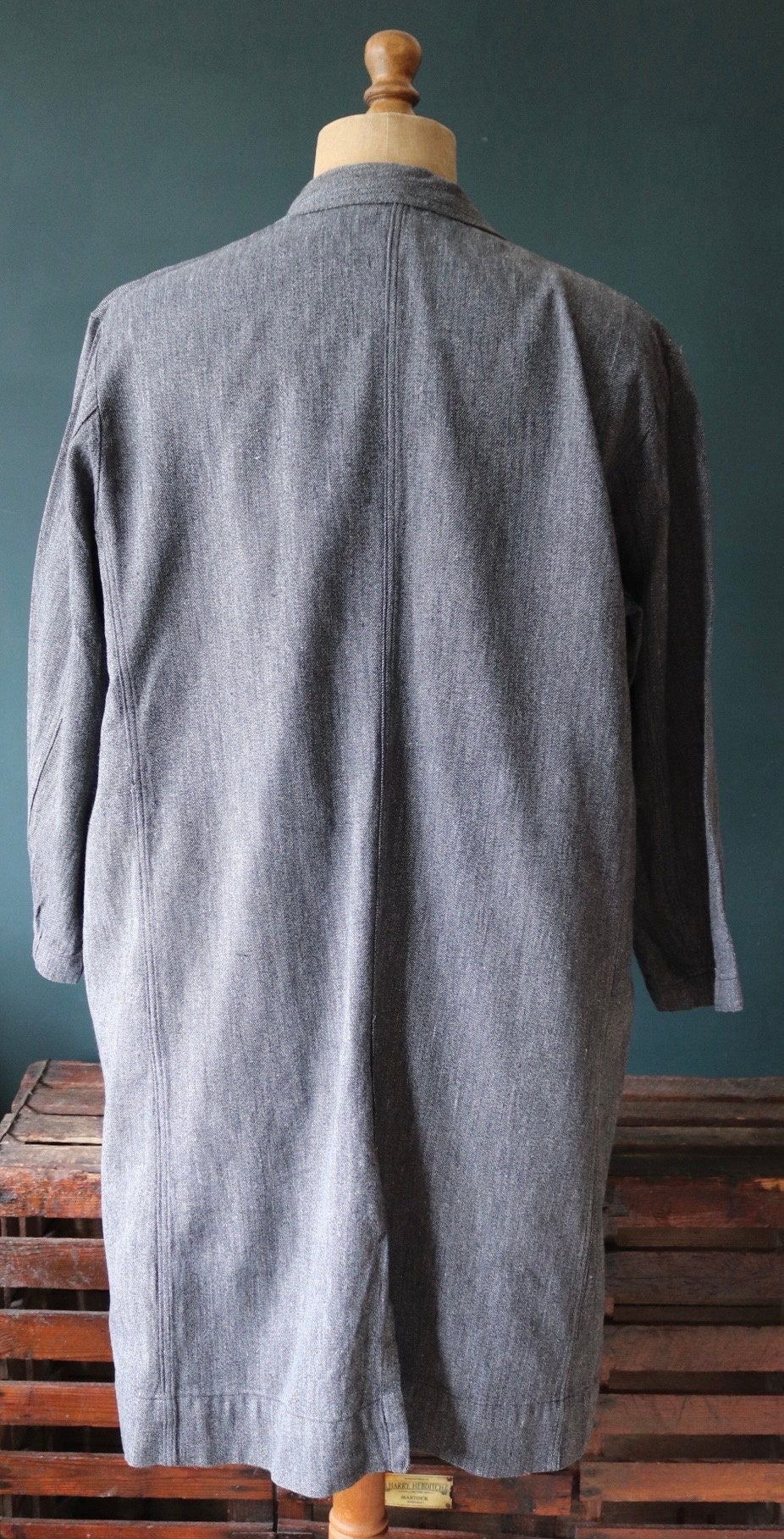 Vintage French workwear jacket 1950s 1960s salt pepper grey work coat overall factory machinist shopkeeper 49” chest