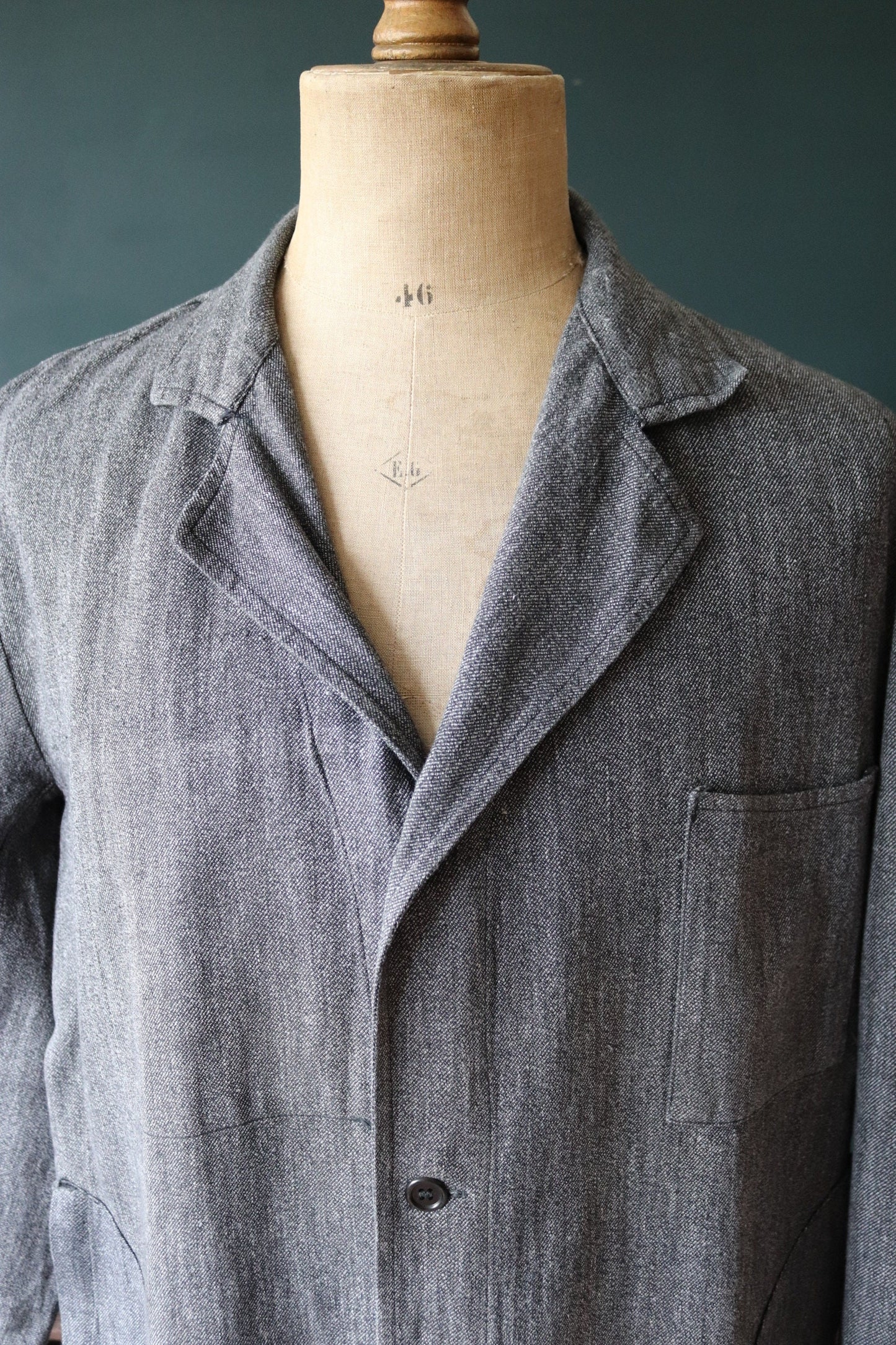 Vintage French workwear jacket 1950s 1960s salt pepper grey work coat overall factory machinist shopkeeper 49” chest