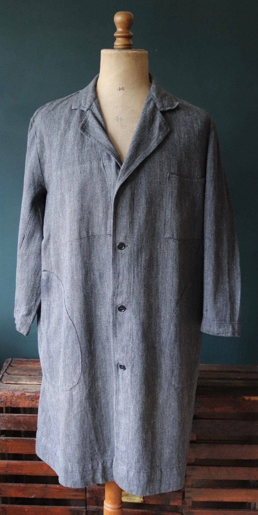 Vintage French workwear jacket 1950s 1960s salt pepper grey work coat overall factory machinist shopkeeper 49” chest