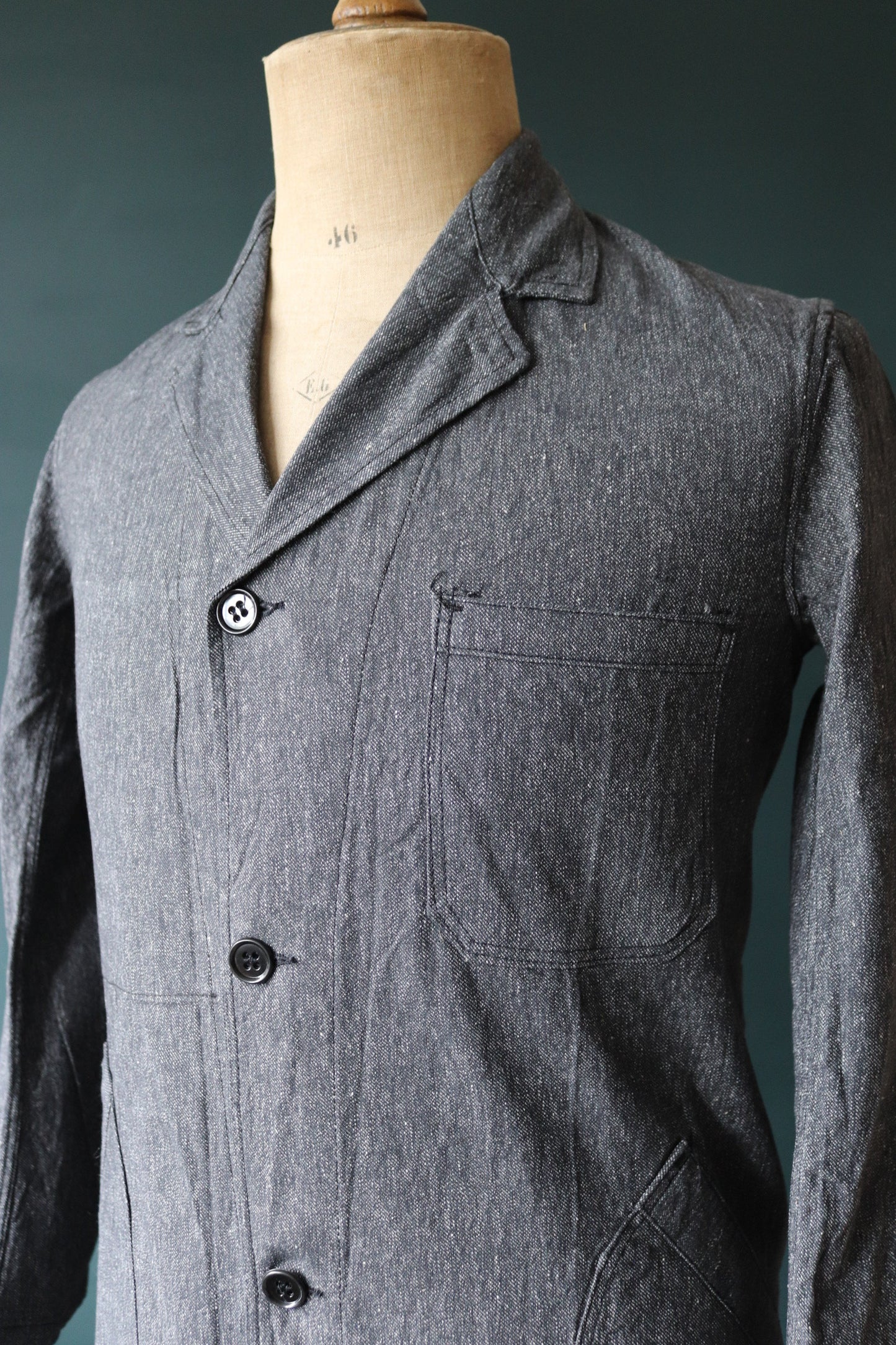 Vintage French workwear jacket salt pepper deadstock grey belted coat overall 1960s factory machinist shopkeeper 37” chest