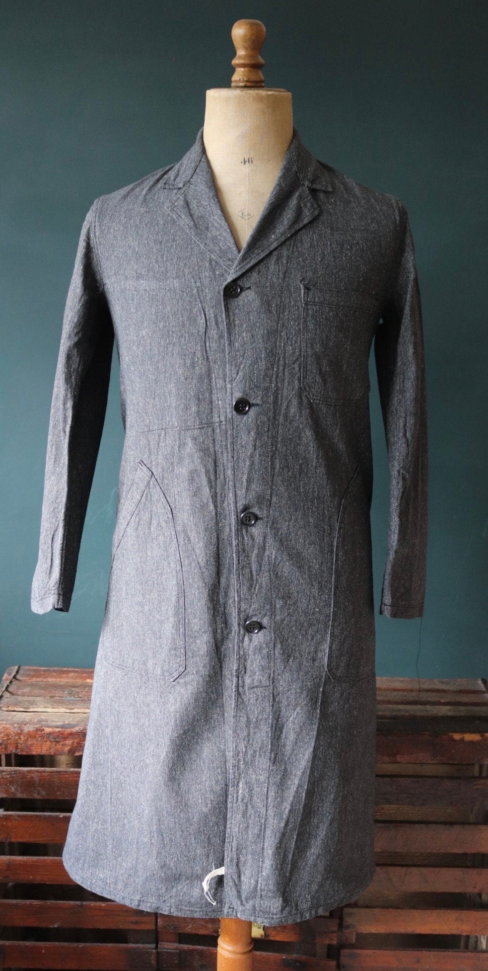 Vintage French workwear jacket salt pepper deadstock grey belted coat overall 1960s factory machinist shopkeeper 37” chest