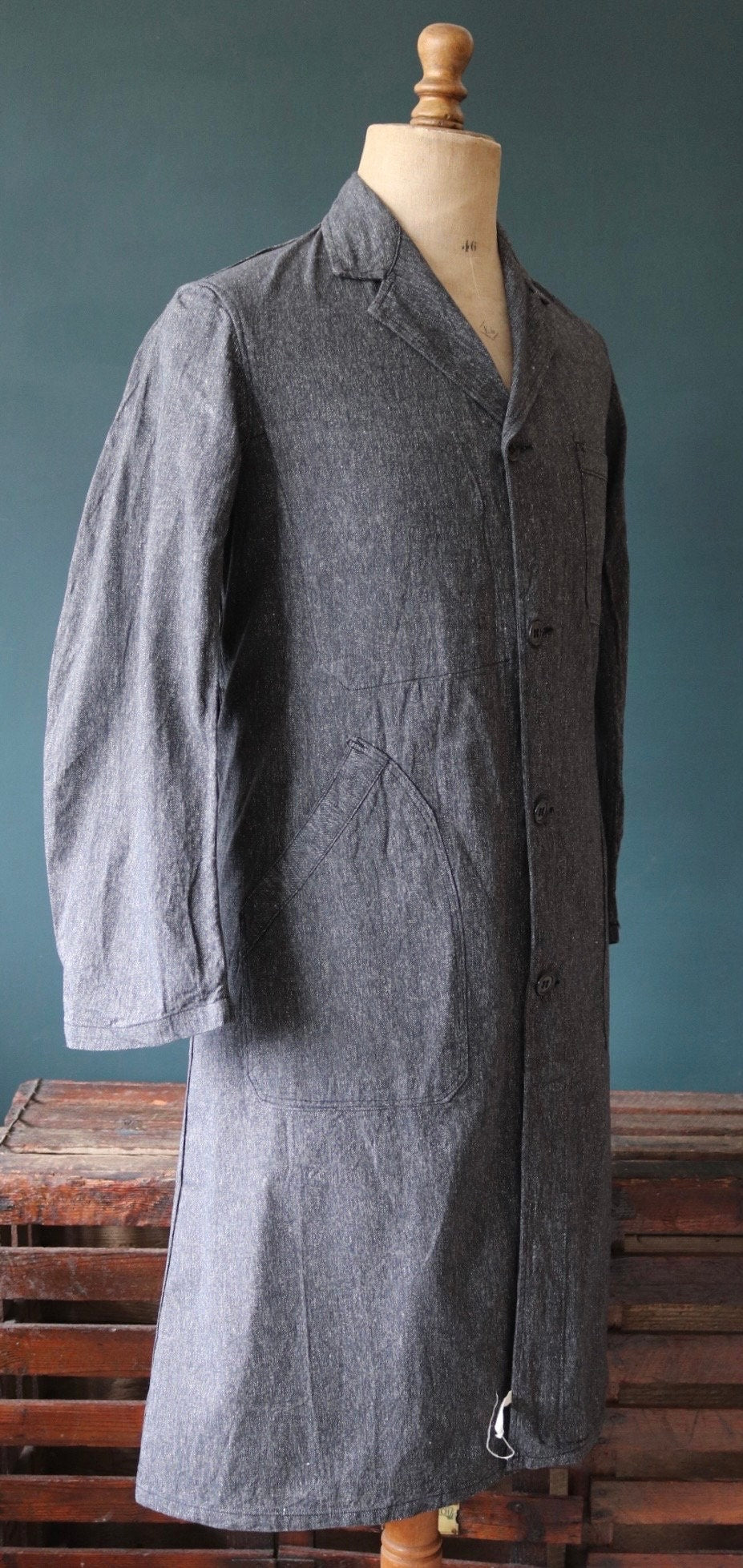 Vintage French workwear jacket salt pepper deadstock grey belted coat overall 1960s factory machinist shopkeeper 37” chest