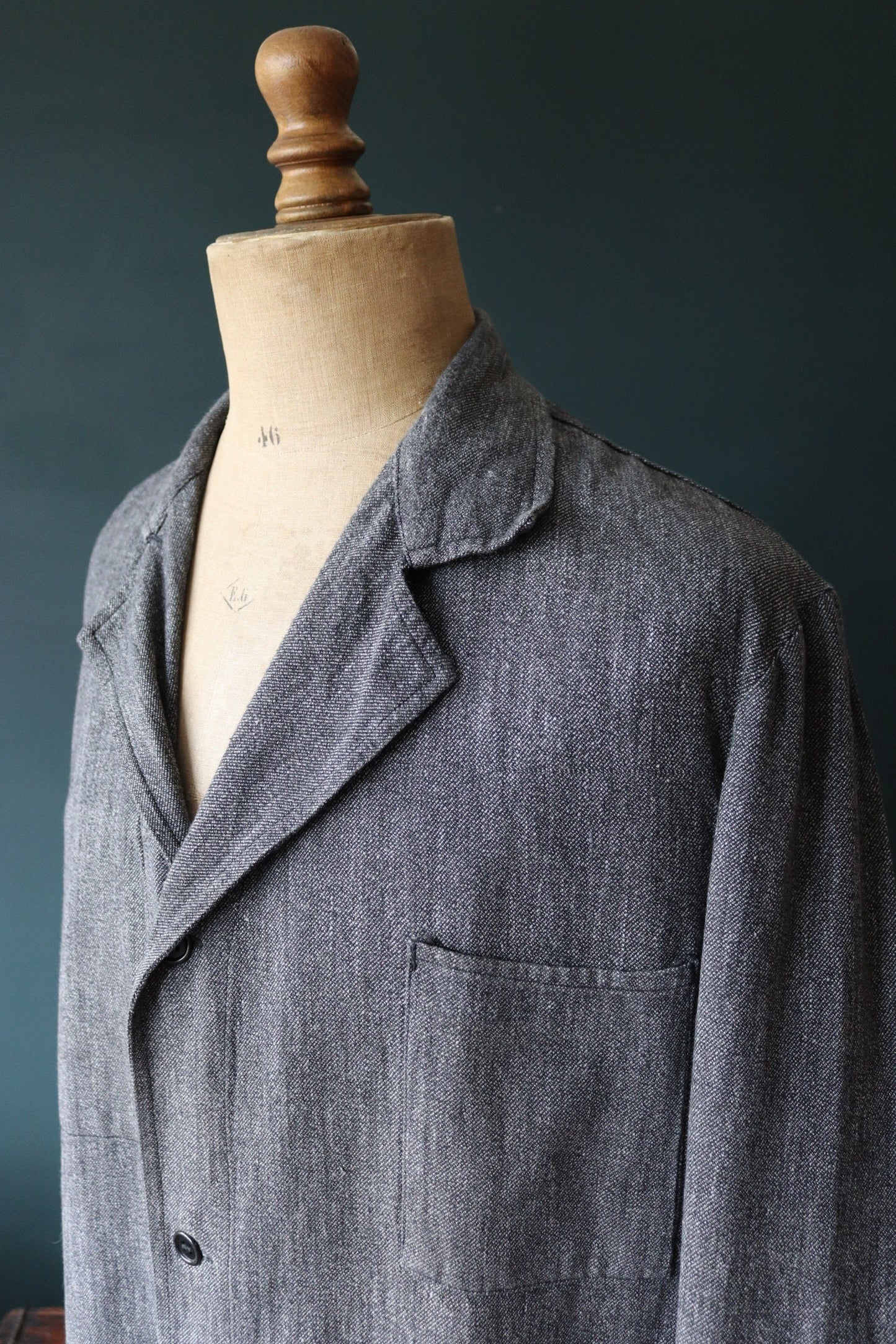Vintage French workwear jacket 1950s 1960s salt pepper grey work coat overall factory machinist shopkeeper 49” chest
