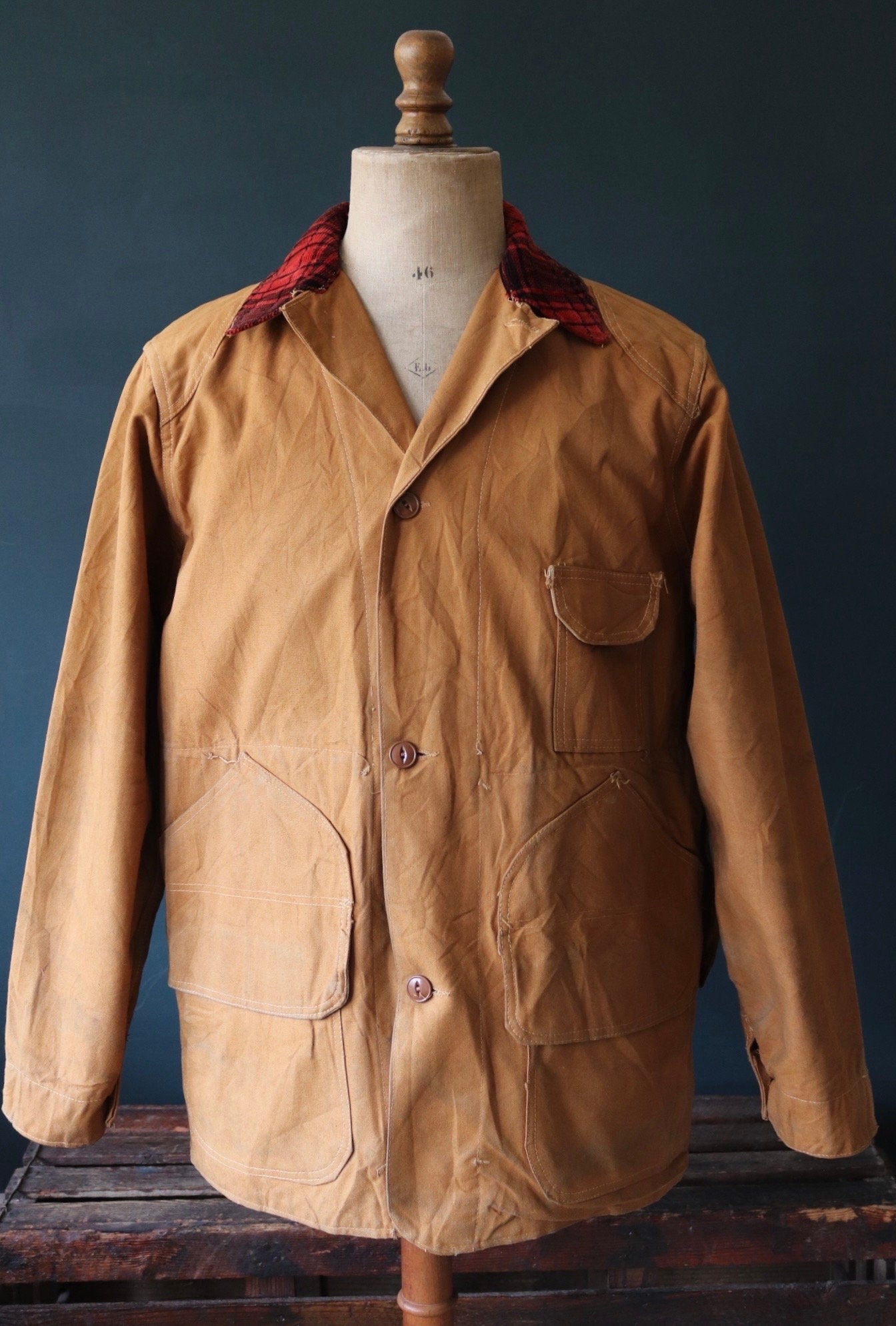 Vintage 1940s 40s Bullseye Bill tan brown duck cotton canvas jacket hunting shooting American Talon zipper 46” chest workwear chore work