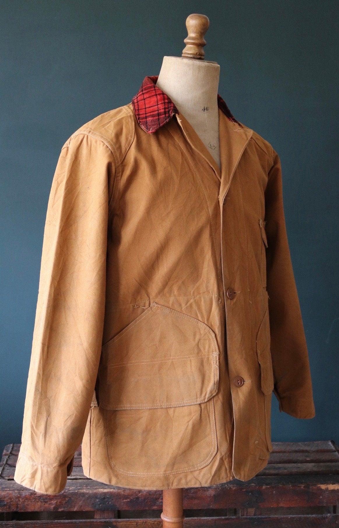 Vintage 1940s 40s Bullseye Bill tan brown duck cotton canvas jacket hunting shooting American Talon zipper 46” chest workwear chore work