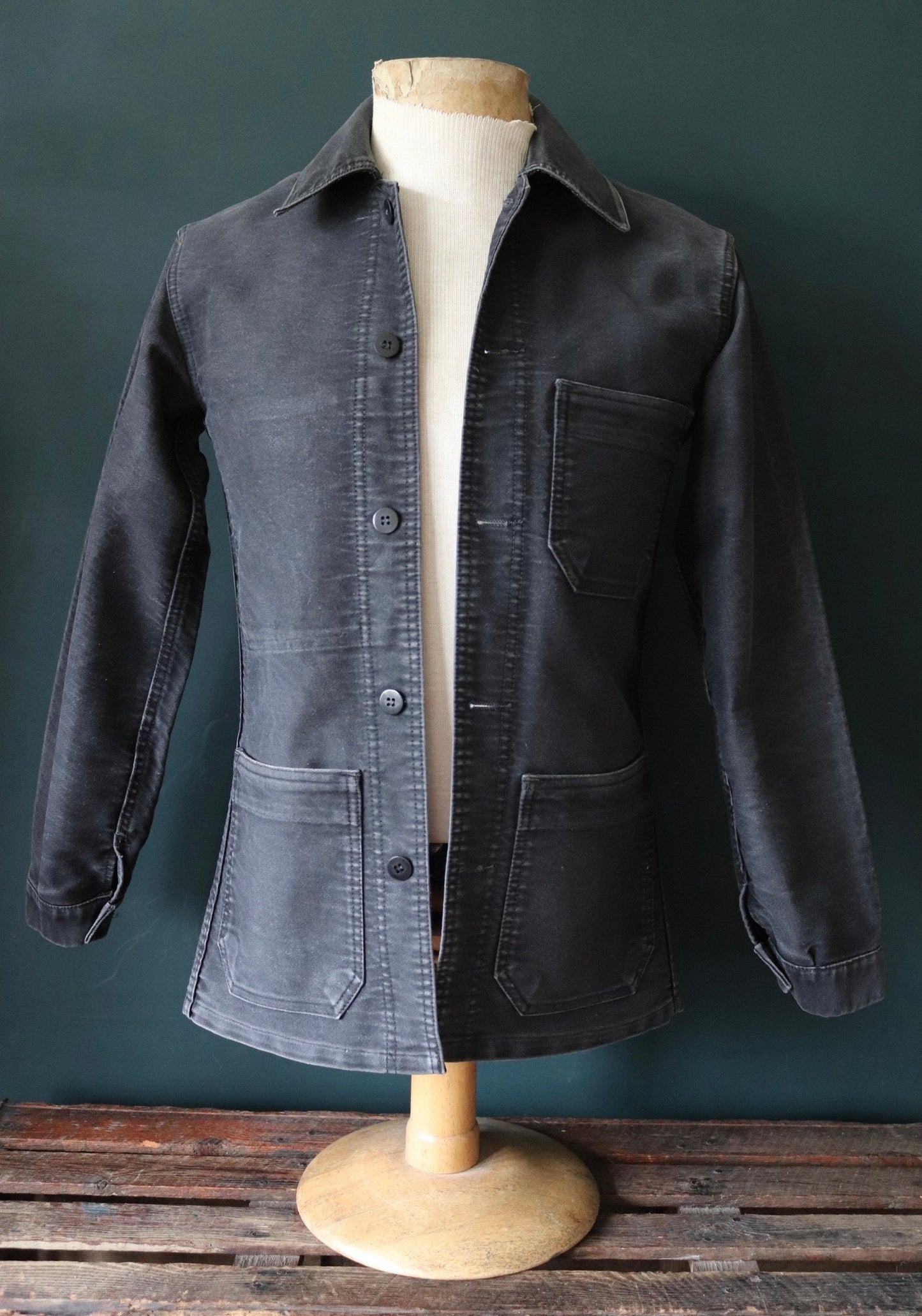 Vintage French workwear jacket black moleskin 1940s 1950s work chore darned repaired 34” chest