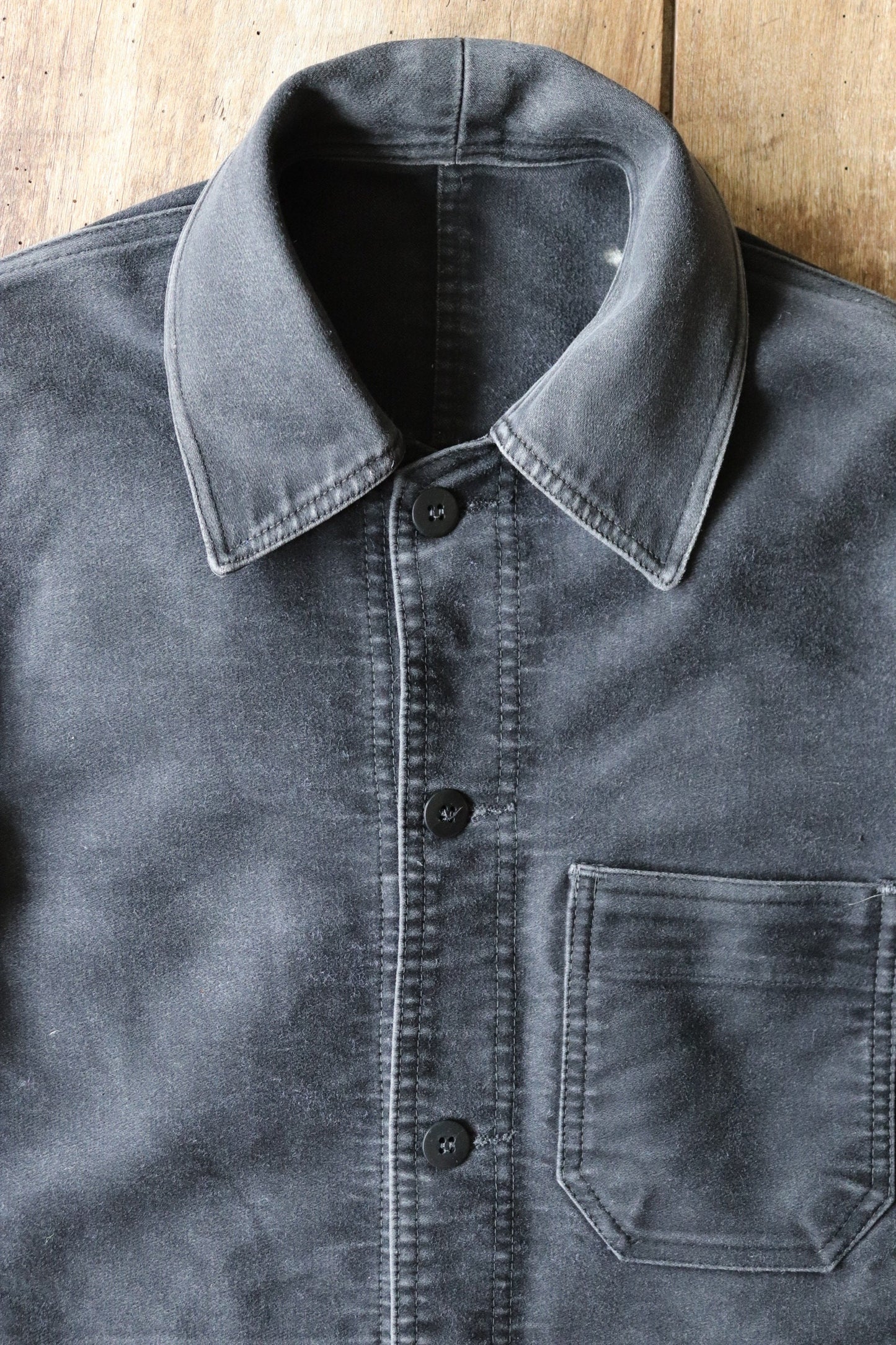 Vintage French workwear jacket black moleskin 1940s 1950s work chore darned repaired 34” chest