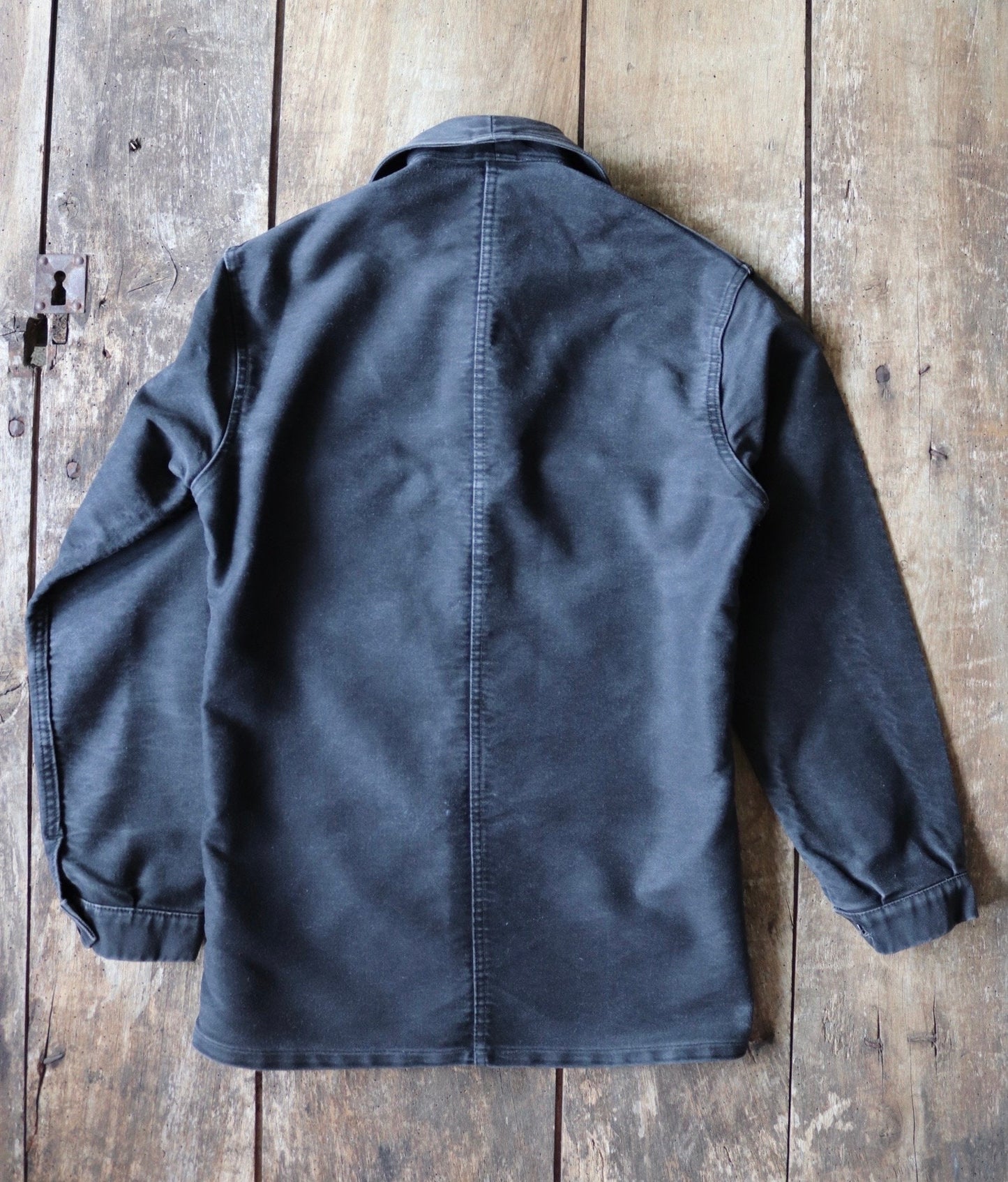 Vintage French workwear jacket black moleskin 1940s 1950s work chore darned repaired 34” chest