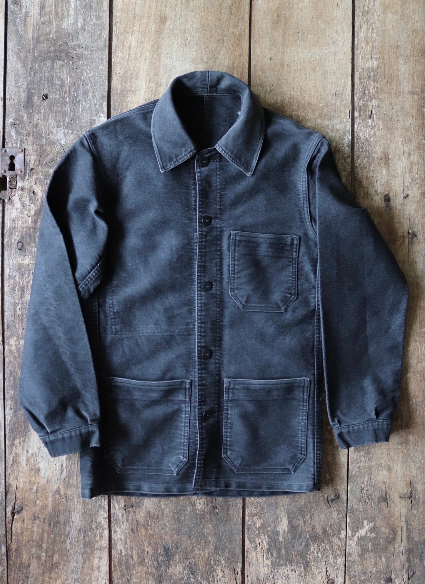 Vintage French workwear jacket black moleskin 1940s 1950s work chore darned repaired 34” chest