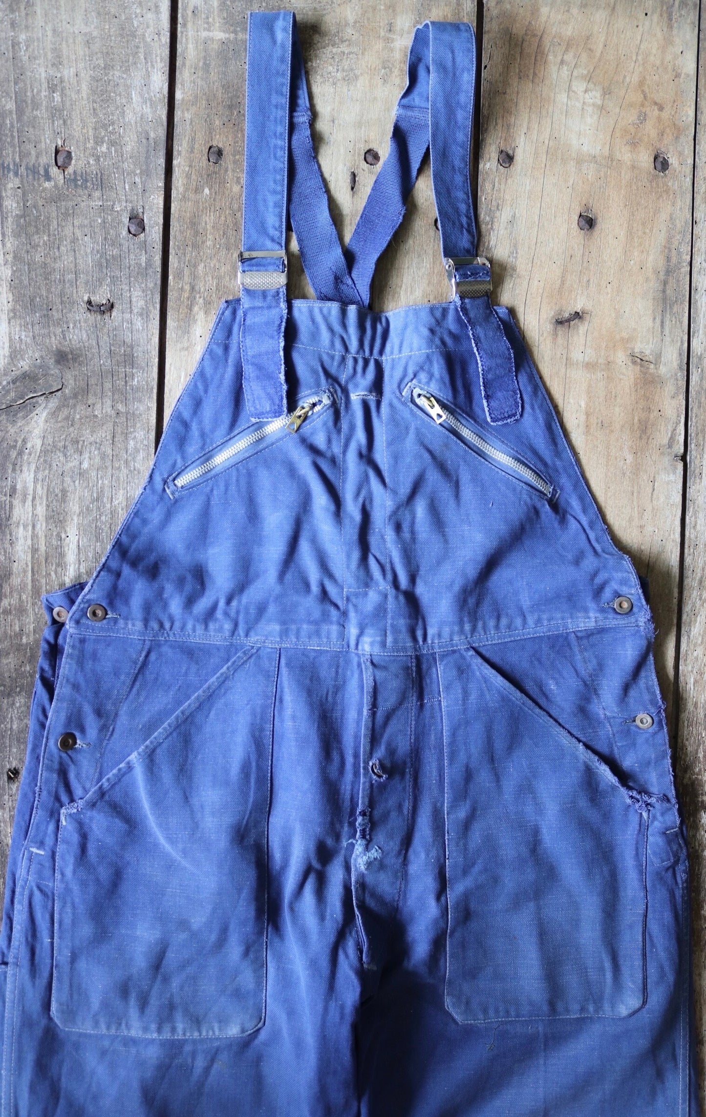 Vintage French workwear dungarees overalls 1940s Adolphe Lafont blue cotton twill work chore 36” 38” x 24”