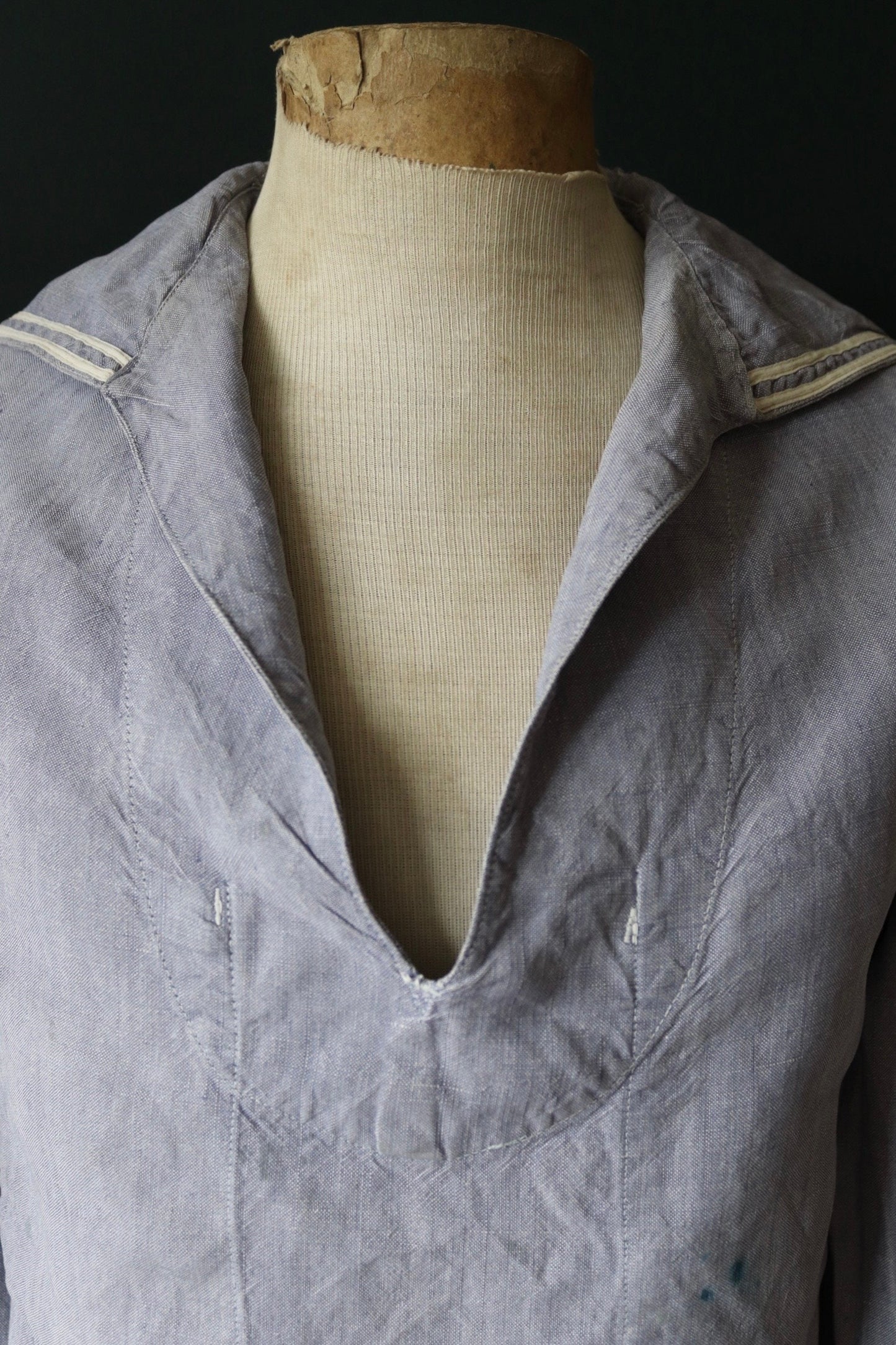 Vintage French linen shirt 1960s Marine Nationale Navy naval crackerjack bib top jumper indigo 42” chest military workwear work sailor