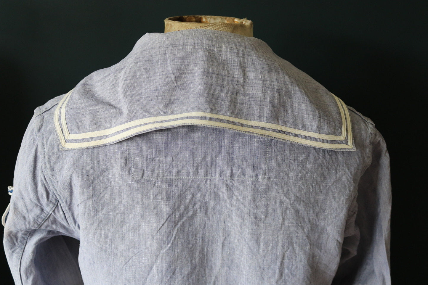 Vintage French linen shirt 1960s Marine Nationale Navy naval crackerjack bib top jumper indigo 42” chest military workwear work sailor