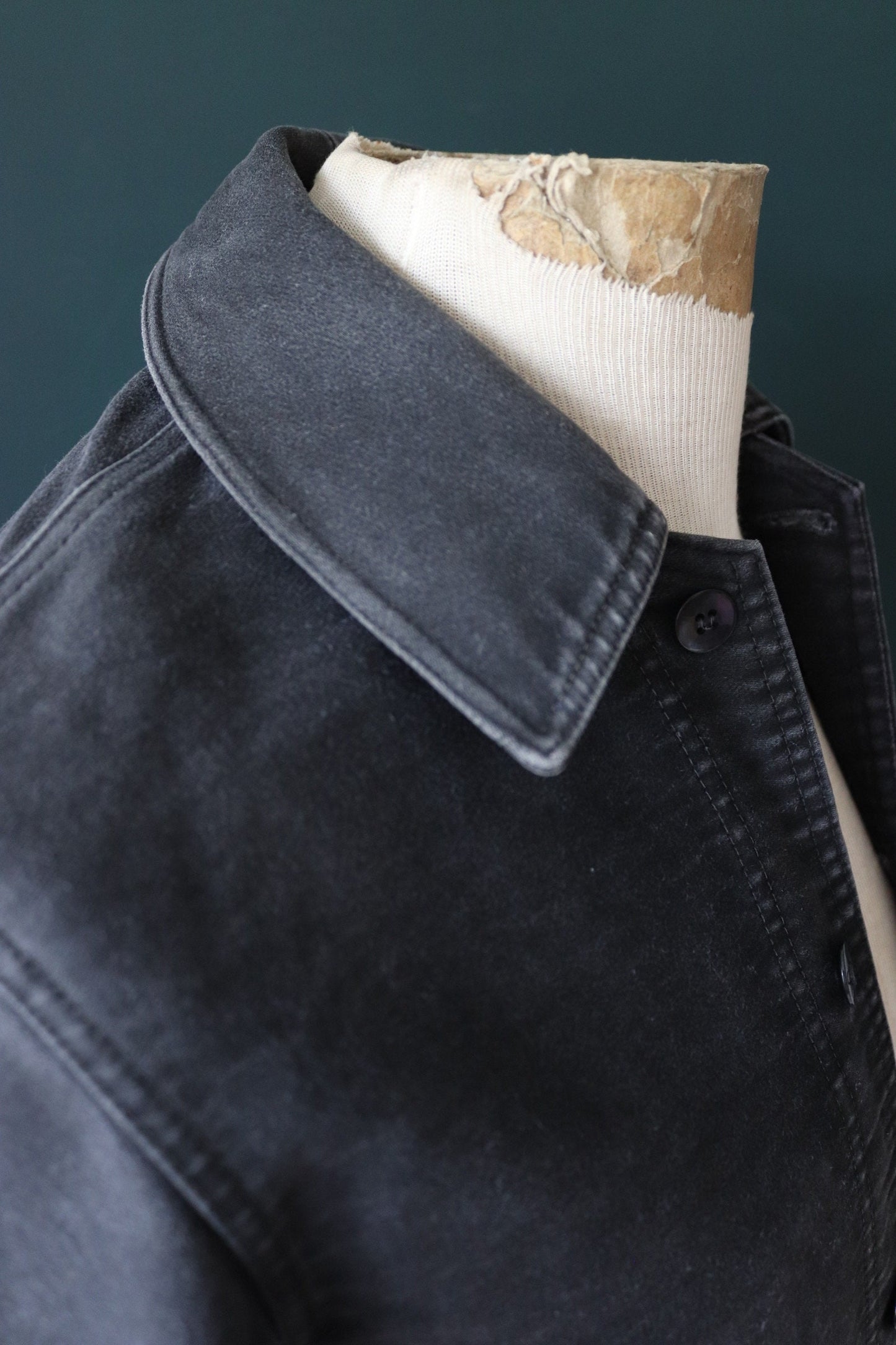 Vintage French workwear jacket black moleskin 1940s 1950s work chore darned repaired 34” chest