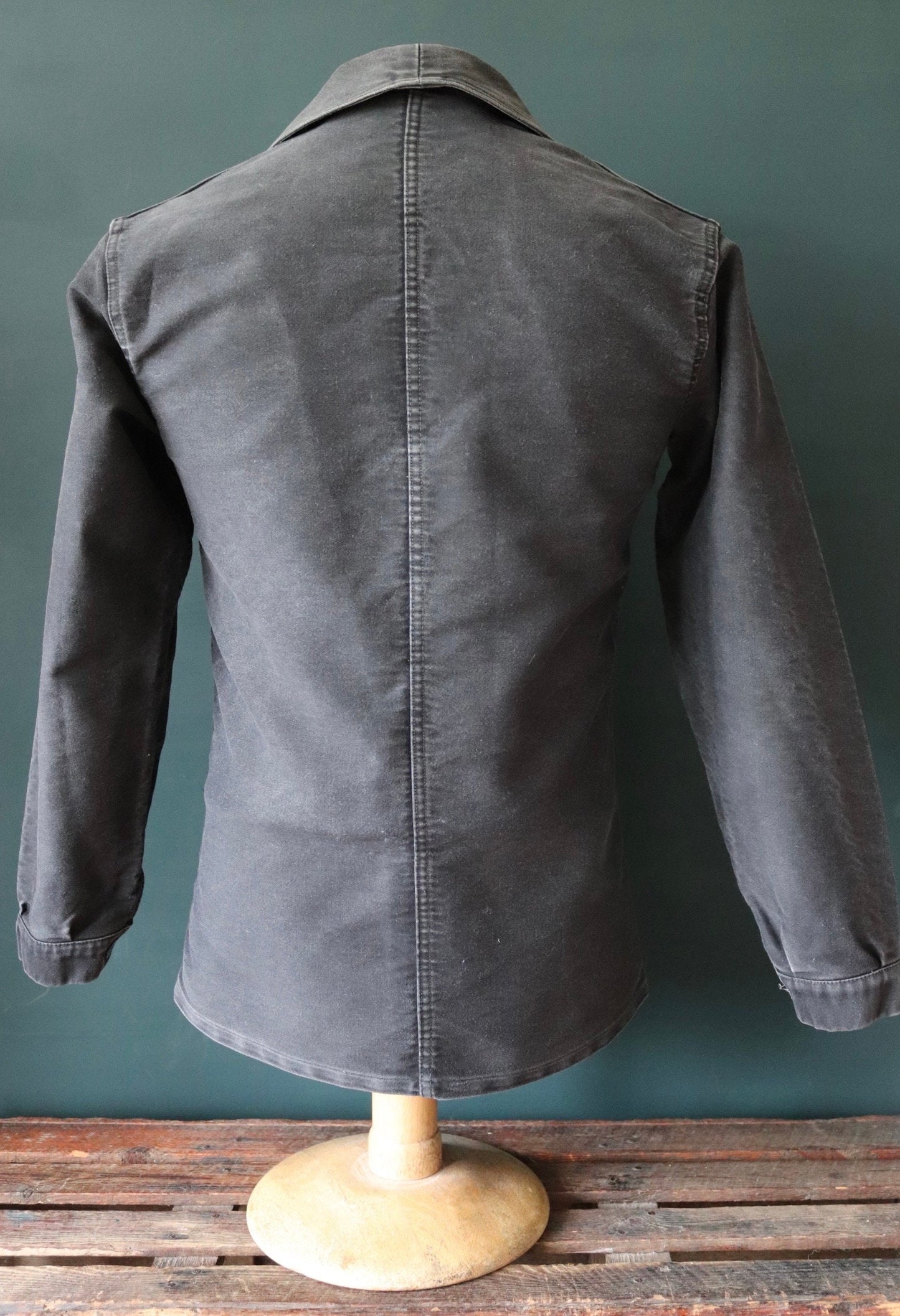Vintage French workwear jacket black moleskin 1940s 1950s work chore darned repaired 34” chest