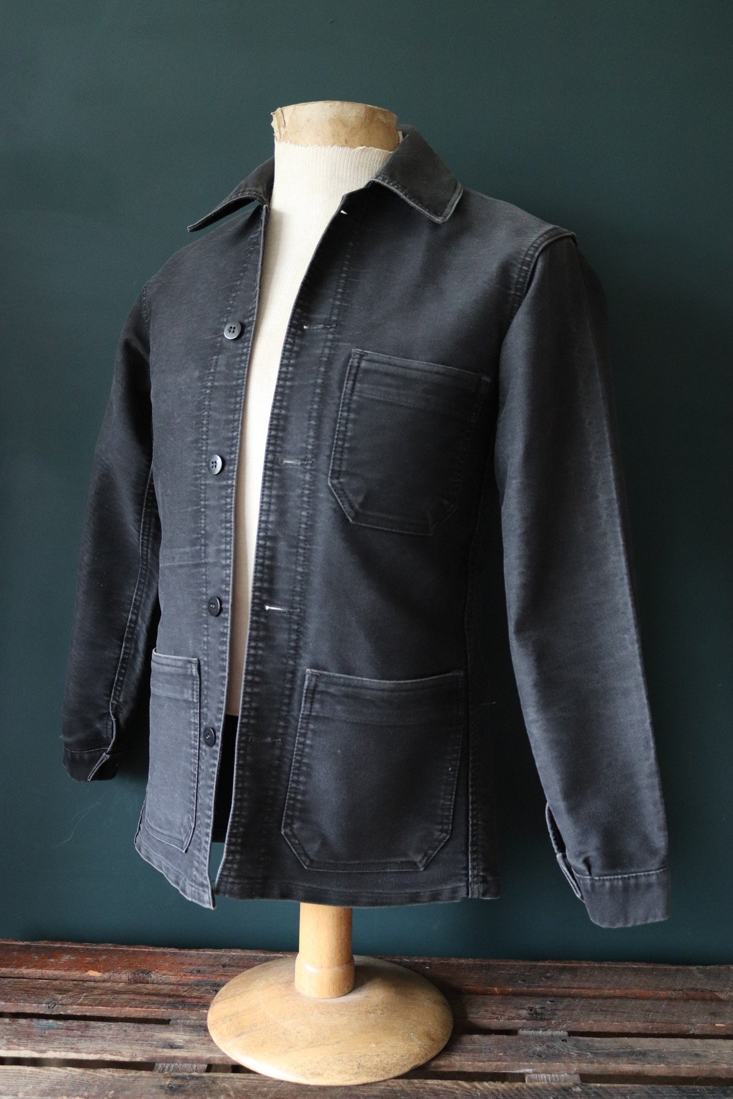 Vintage French workwear jacket black moleskin 1940s 1950s work chore darned repaired 34” chest