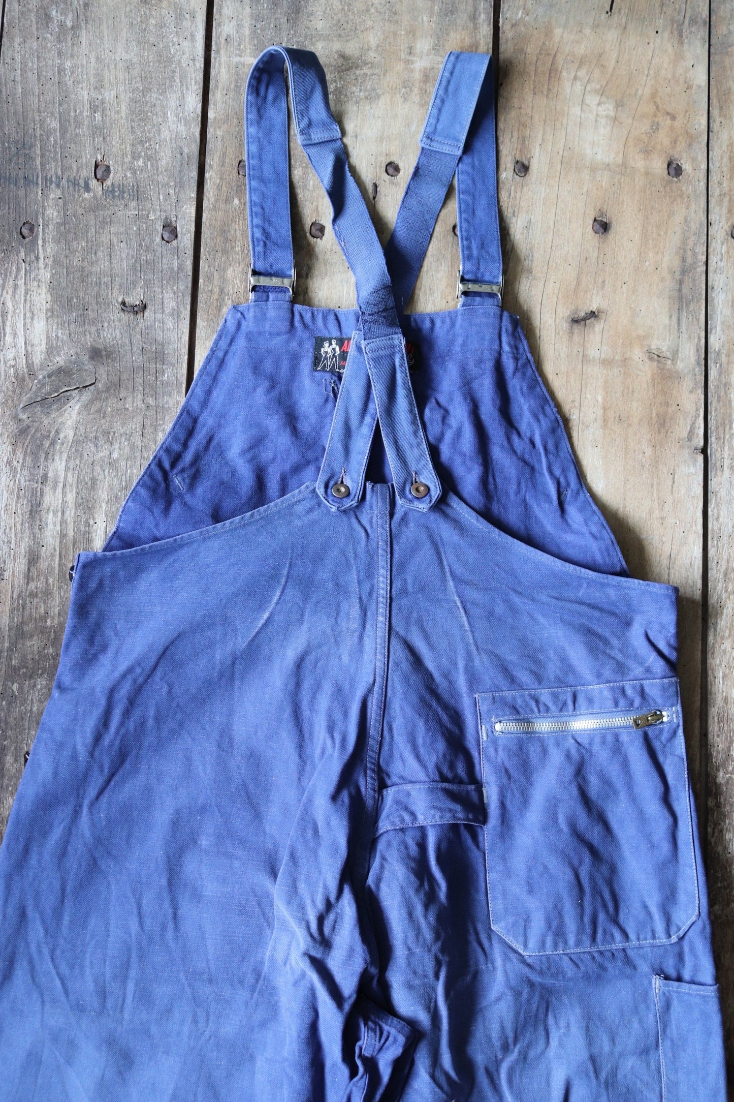 Vintage French workwear dungarees overalls 1940s Adolphe Lafont blue cotton twill work chore 36” 38” x 24”