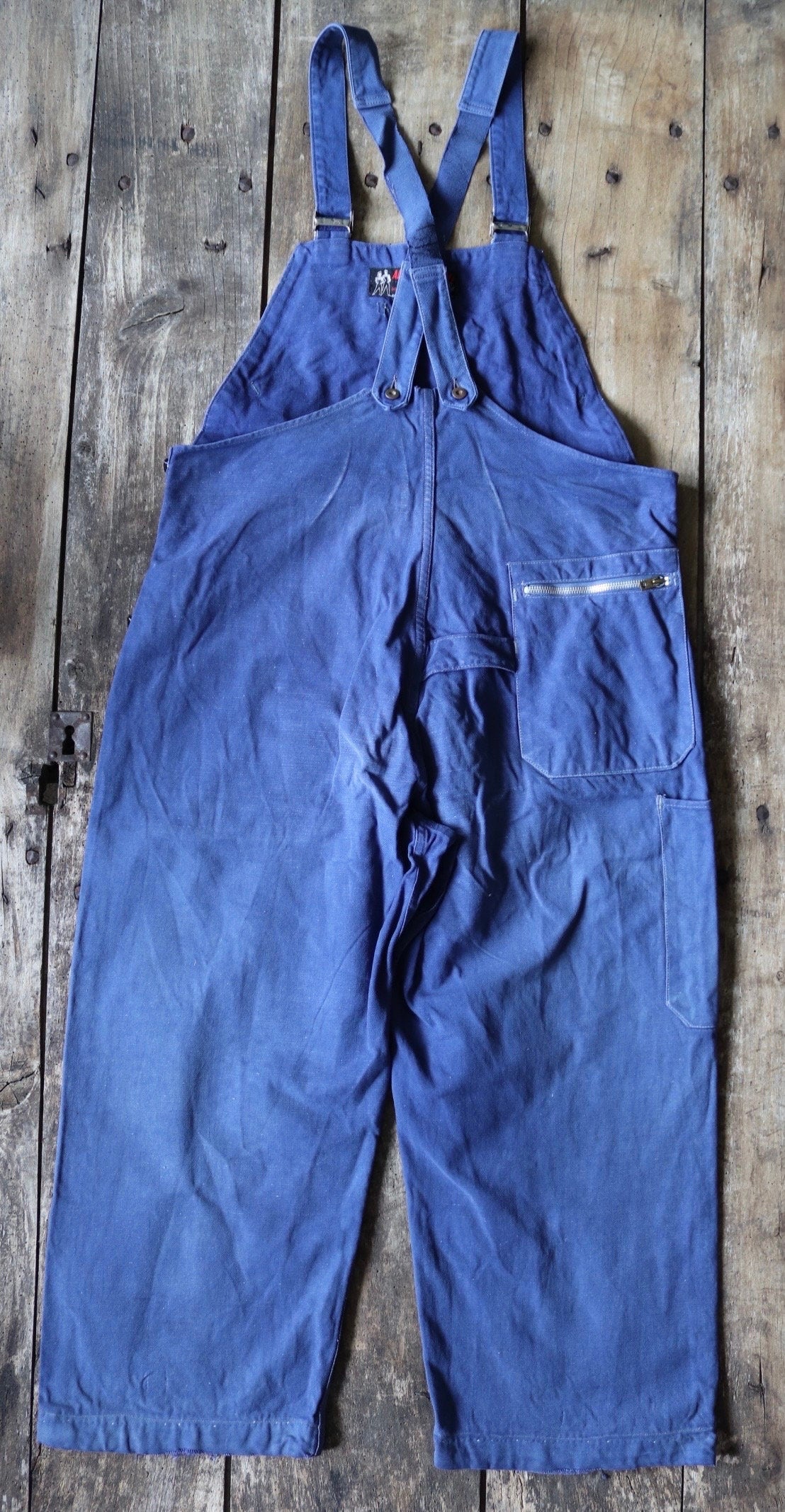 Vintage French workwear dungarees overalls 1940s Adolphe Lafont blue cotton twill work chore 36” 38” x 24”
