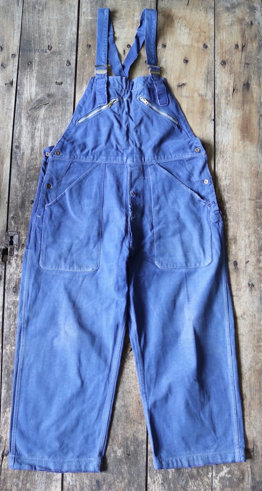 Vintage French workwear dungarees overalls 1940s Adolphe Lafont blue cotton twill work chore 36” 38” x 24”