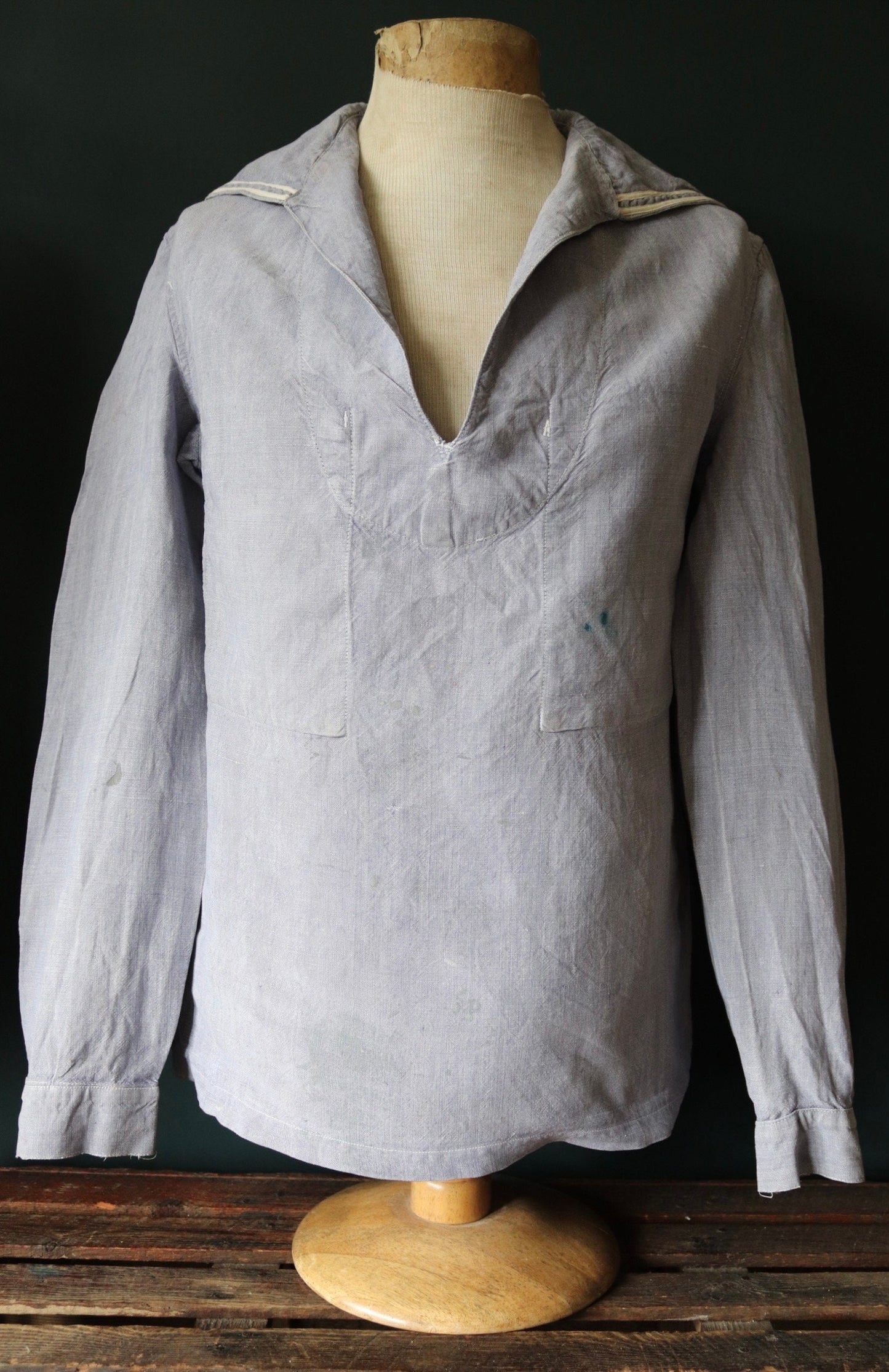 Vintage French linen shirt 1960s Marine Nationale Navy naval crackerjack bib top jumper indigo 42” chest military workwear work sailor