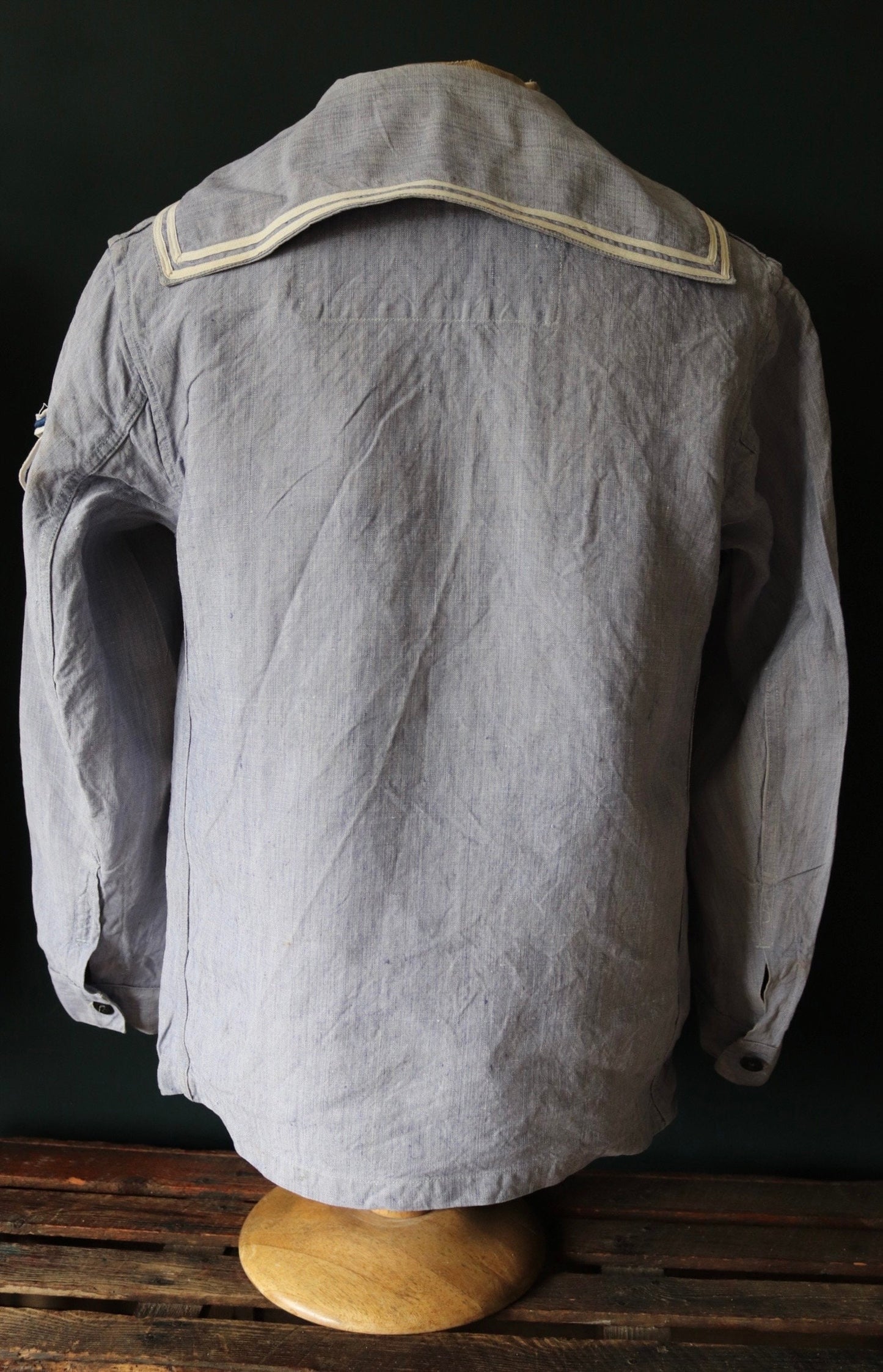 Vintage French linen shirt 1960s Marine Nationale Navy naval crackerjack bib top jumper indigo 42” chest military workwear work sailor