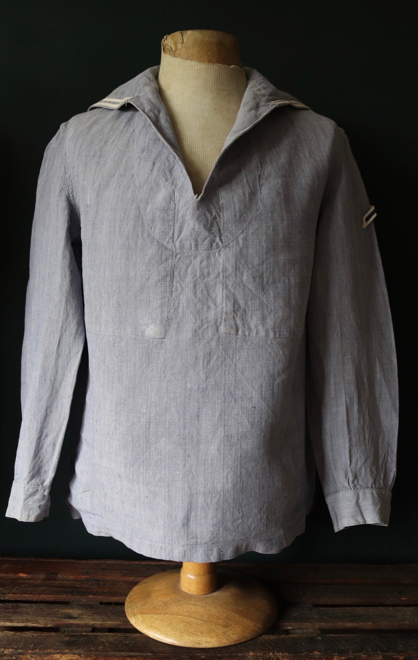 Vintage French linen shirt 1960s Marine Nationale Navy naval crackerjack bib top jumper indigo 42” chest military workwear work sailor