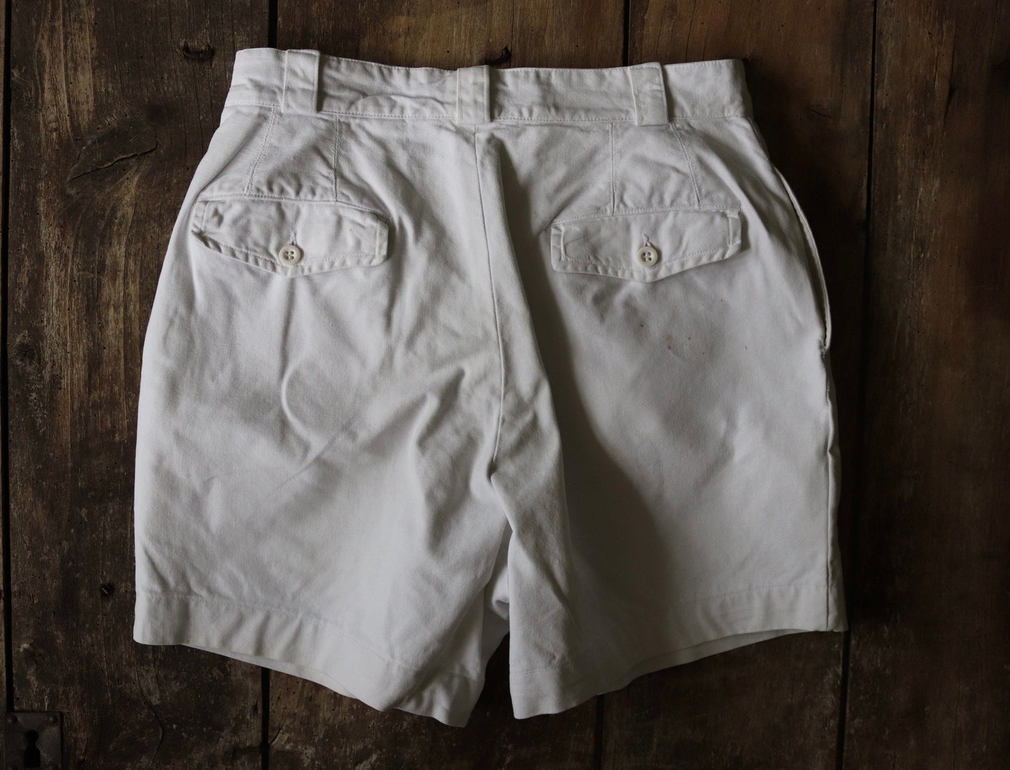 Vintage French shorts 1960s army military white cotton cuffed summer button fly 28” x 5”