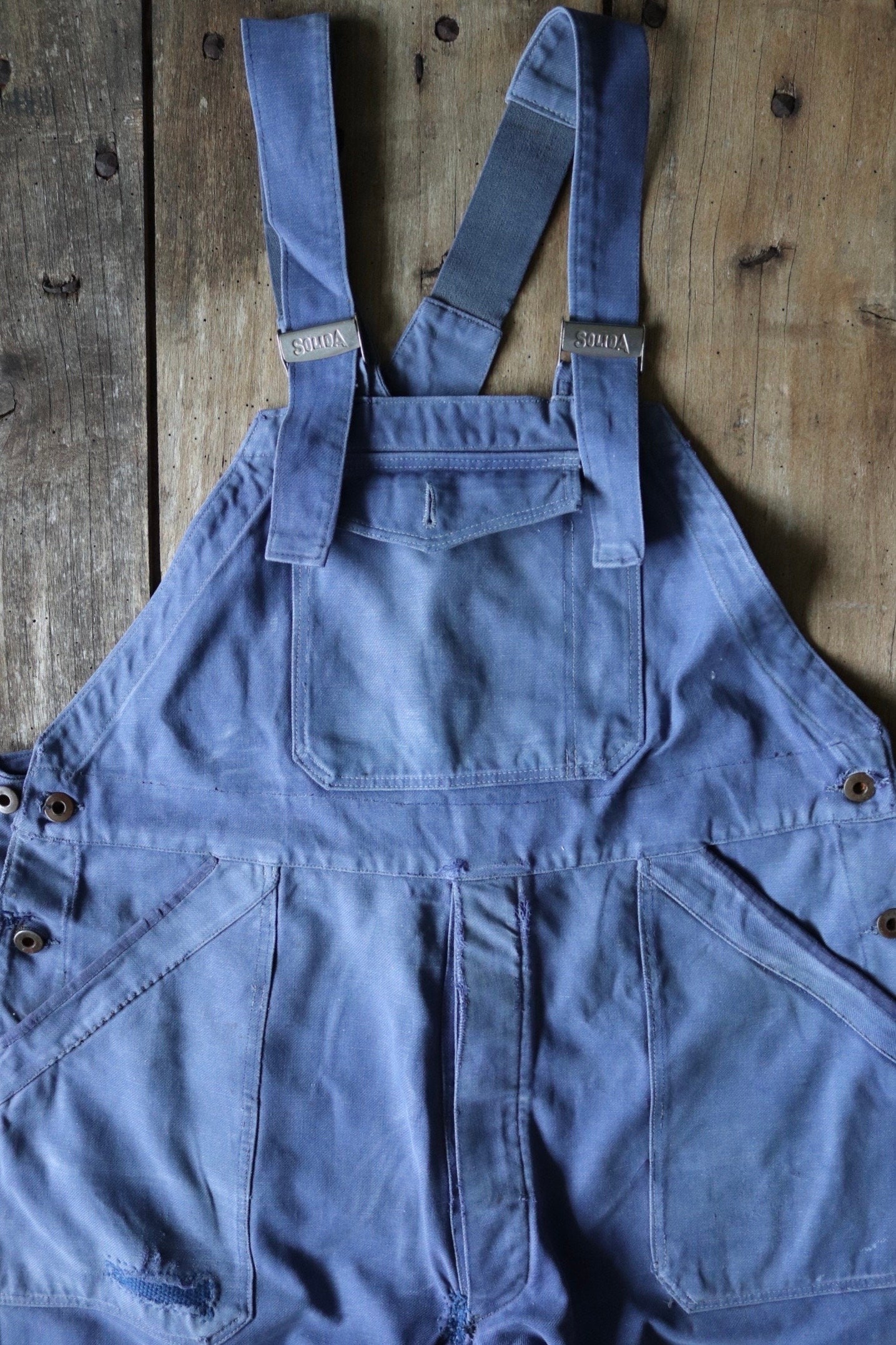 Vintage French blue workwear dungarees 1950s cotton twill overalls work chore 39” x 27” darned repaired