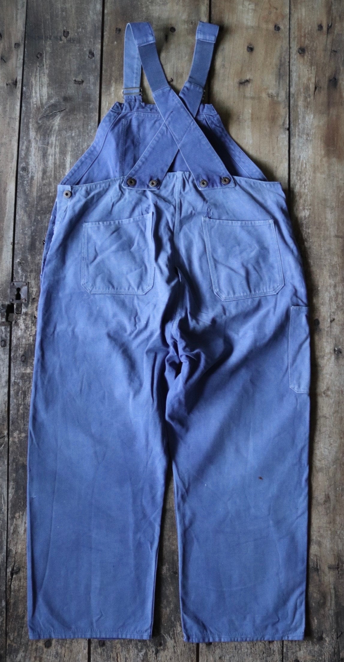 Vintage French blue workwear dungarees 1950s cotton twill overalls work chore 39” x 27” darned repaired
