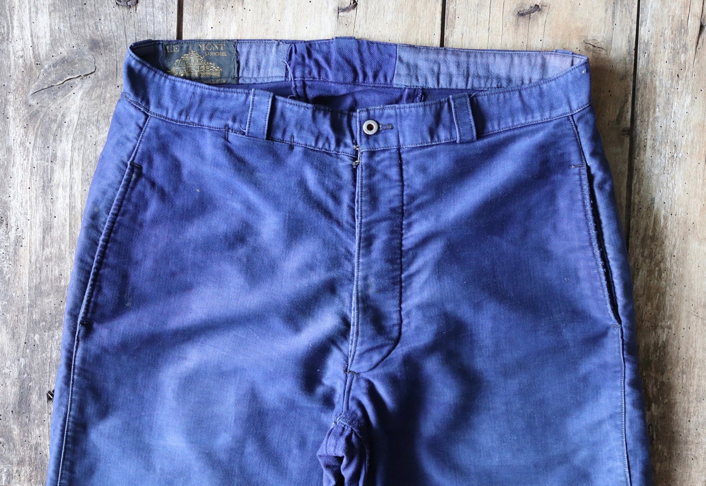 Vintage French workwear trousers pants Le Mont 1930s 1940s indigo blue moleskin cotton work chore 34” x 24”
