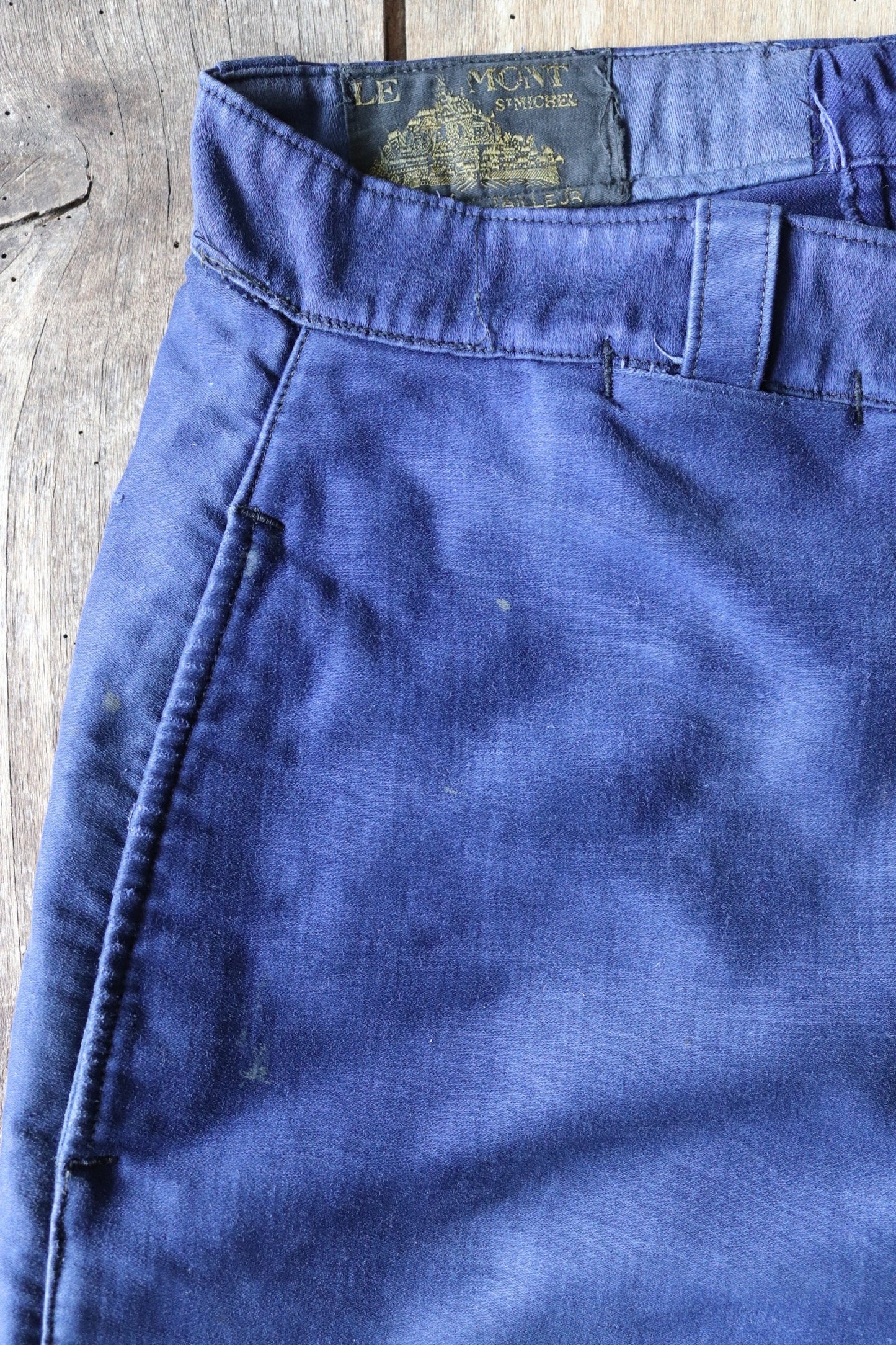 Vintage French workwear trousers pants Le Mont 1930s 1940s indigo blue moleskin cotton work chore 34” x 24”