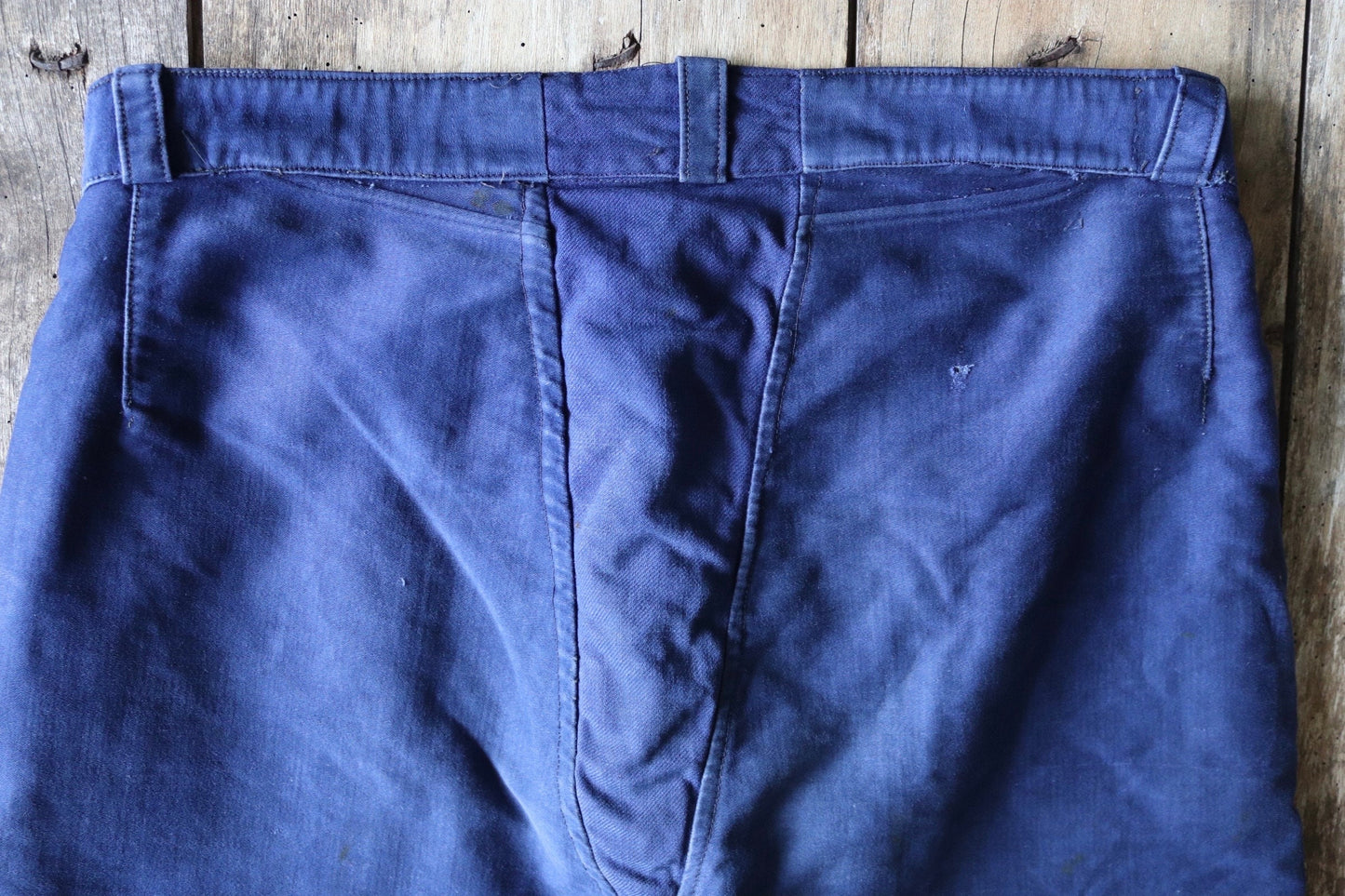 Vintage French workwear trousers pants Le Mont 1930s 1940s indigo blue moleskin cotton work chore 34” x 24”