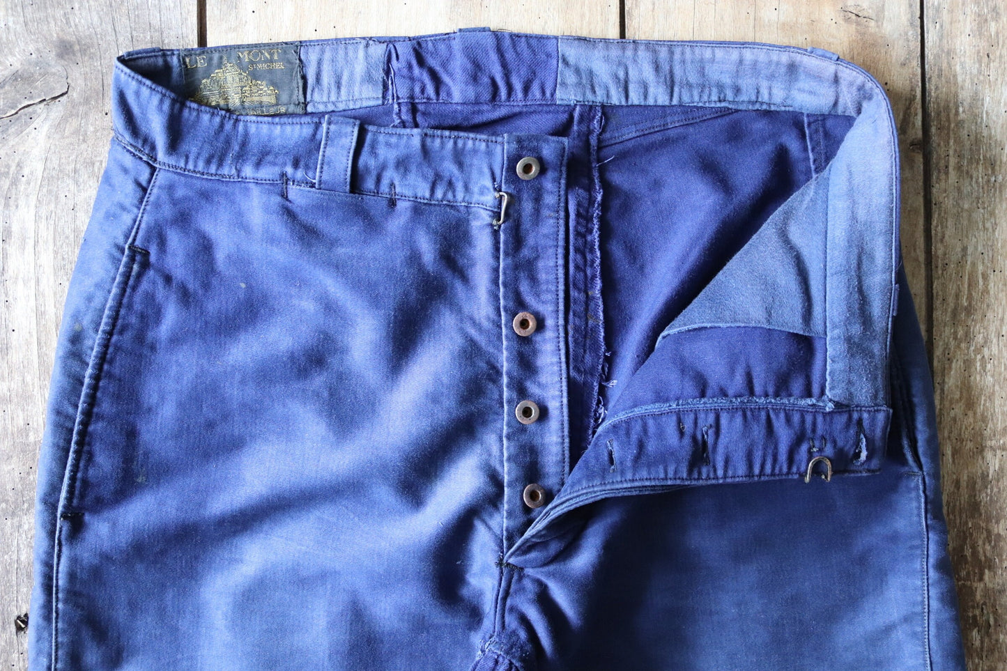Vintage French workwear trousers pants Le Mont 1930s 1940s indigo blue moleskin cotton work chore 34” x 24”