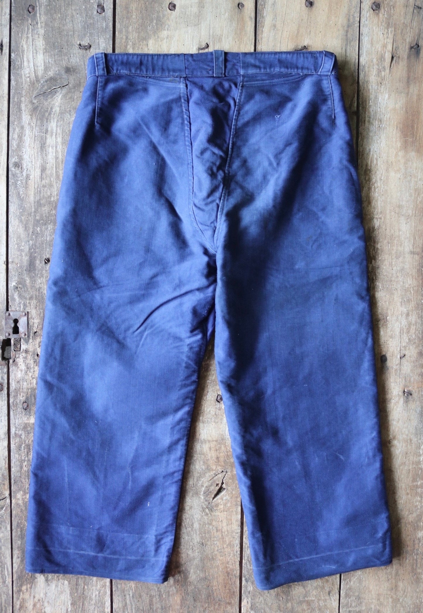 Vintage French workwear trousers pants Le Mont 1930s 1940s indigo blue moleskin cotton work chore 34” x 24”