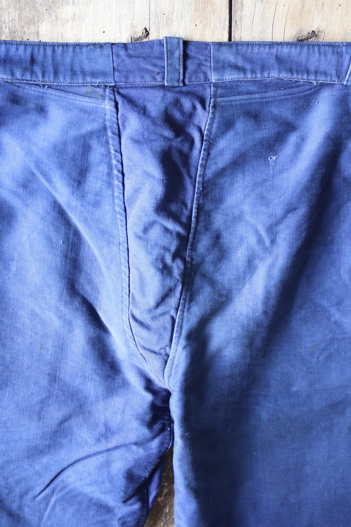 Vintage French workwear trousers pants Le Mont 1930s 1940s indigo blue moleskin cotton work chore 34” x 24”