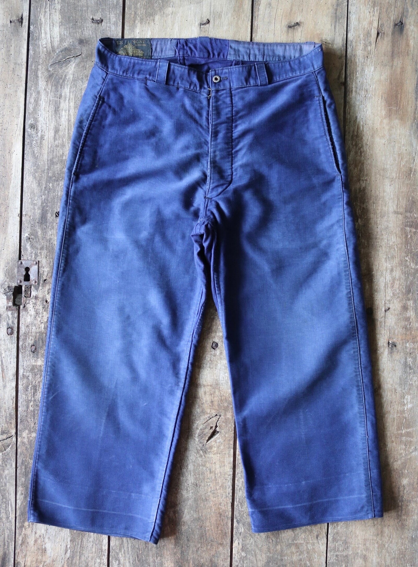 Vintage French workwear trousers pants Le Mont 1930s 1940s indigo blue moleskin cotton work chore 34” x 24”